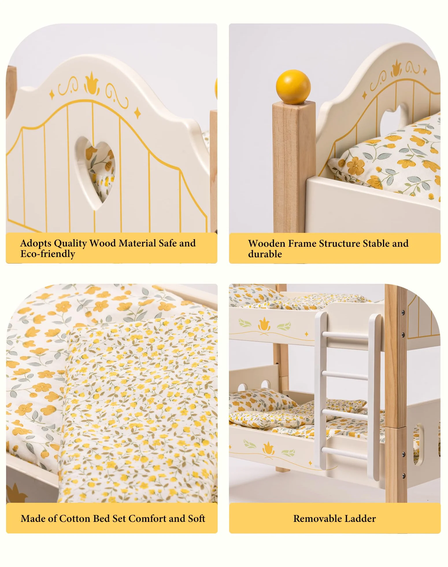 ROBOTIME Letto a castello per bambole in legno da 18", lettino per bambole trasformabile con scaletta e biancheria da letto, culla per bambole impilabile, regalo perfetto per bambini, color legno