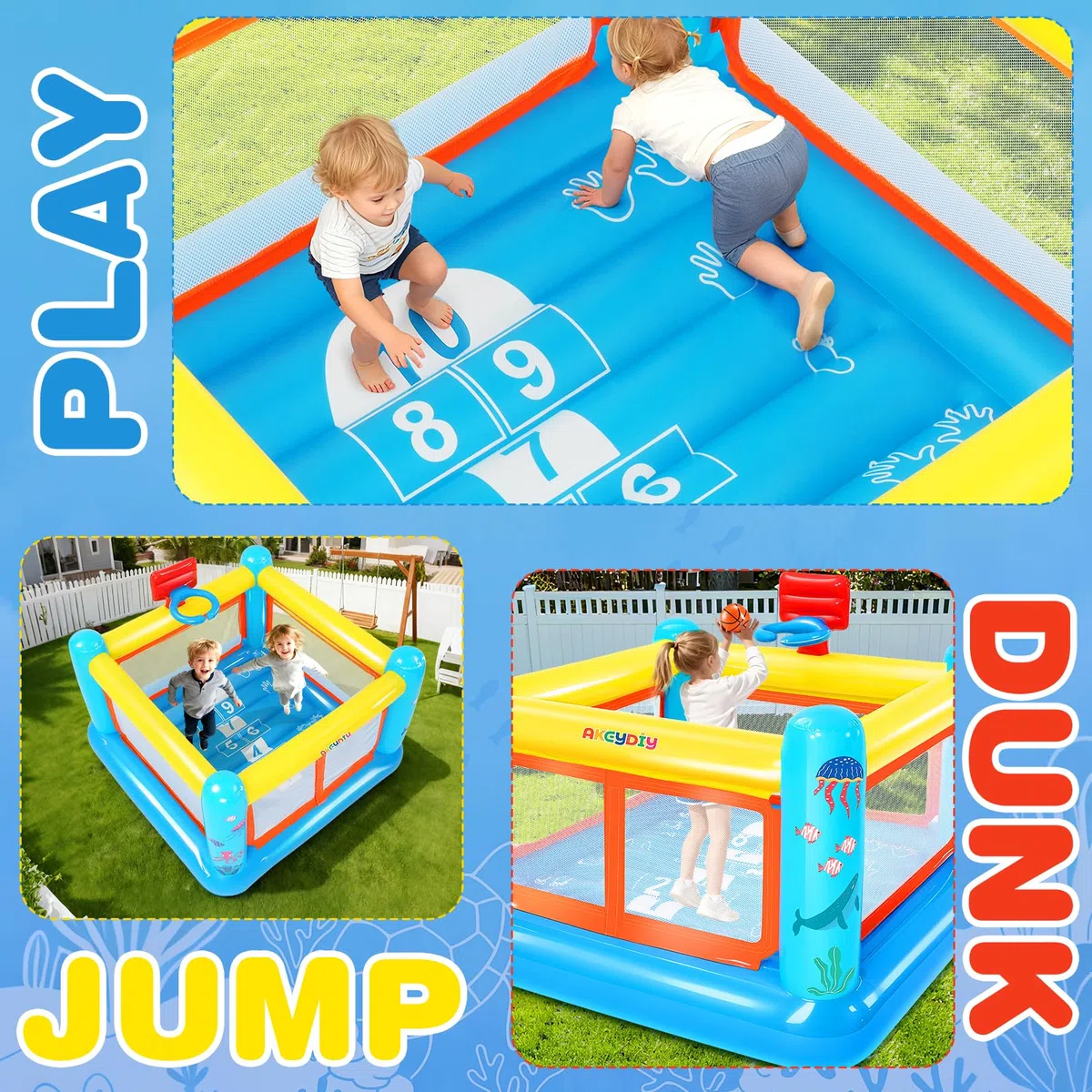 Castello gonfiabile per bambini da 3 a 6 anni, per interni ed esterni, in PVC resistente agli strappi, con piscina di palline rimovibile, cestino da basket e ventilatore (castello 3 in 1)