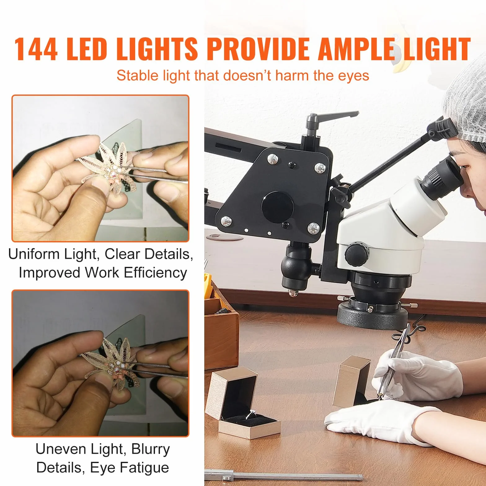 VEVOR Microscopio Multidirezionale con Staffa Molla, Microscopio con Ingrandimento 7X-45X, per Micro Gioielli Intarsiati con Luce LED Anello USB Integrata