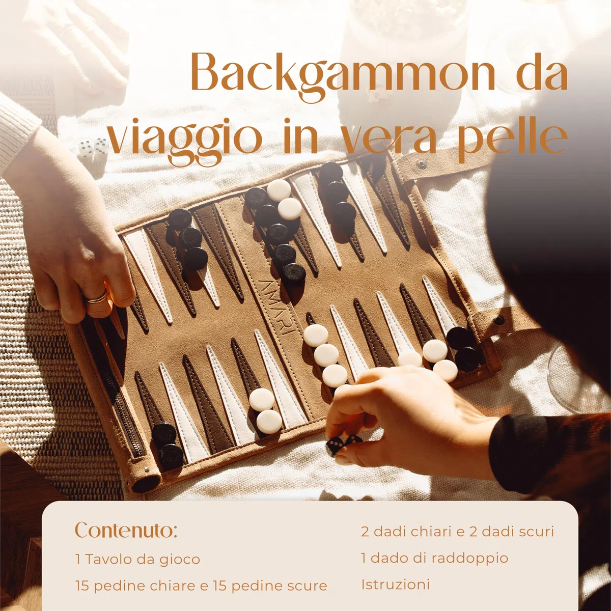 Amari ® Backgammon da viaggio in 100% pelle – Backgammon pieghevole per viaggi e viaggiare – Back Gammon di alta qualità valigia gioco da viaggio in pelle