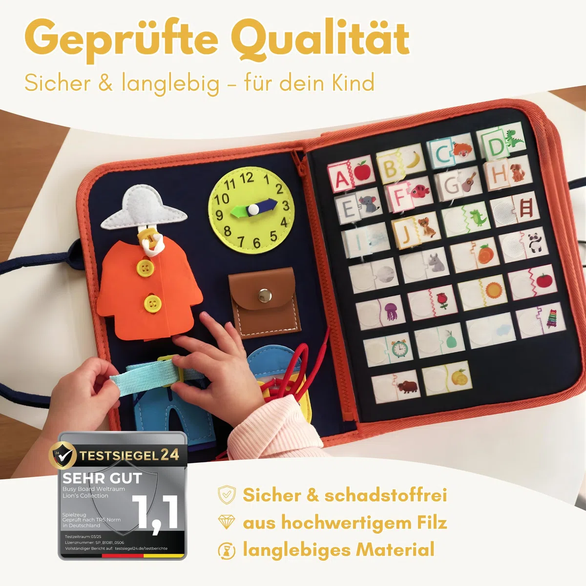 Lion's Collection® Busy Board Tedesco - Montessori Giocattoli a partire dai 3 anni per promuovere le capacità motorie e la creatività - Activity Board per bambini - Busy Book & Quiet Book su 10 pagine