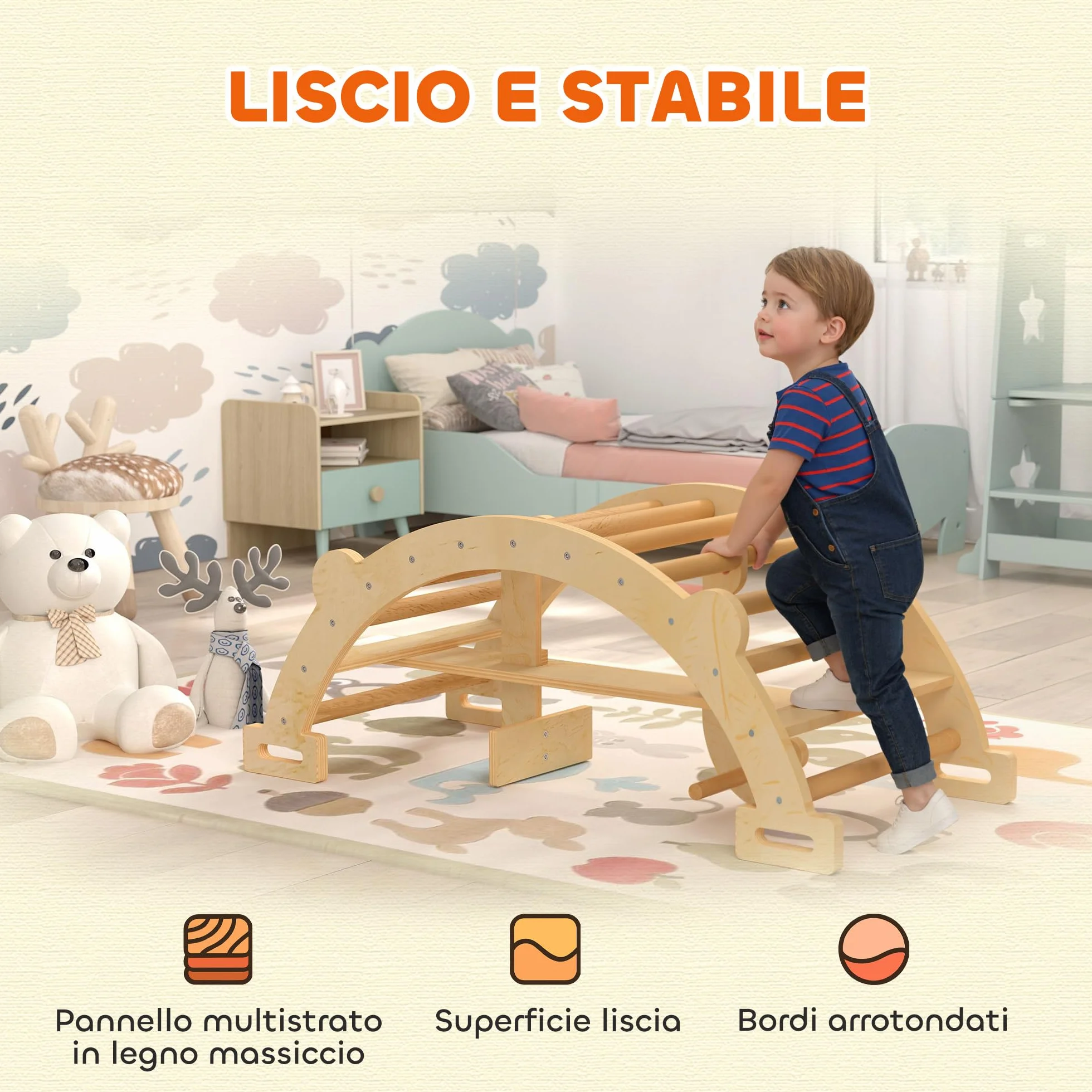 AIYAPLAY Arco Montessori per Bambini 2-4 Anni Convertibile in Dondolo, Gioco Arrampicata in Legno, 110x52x45 cm, color Legno