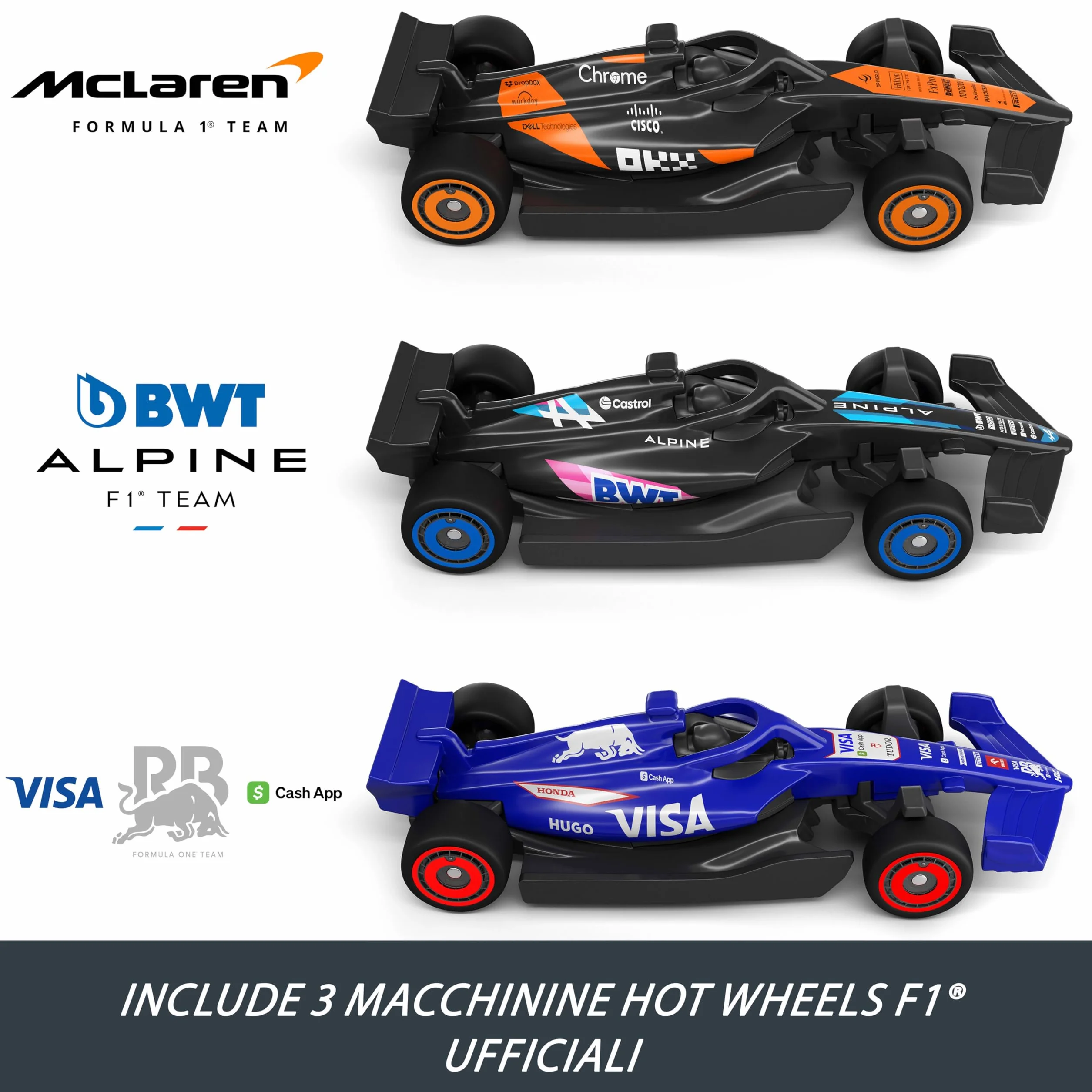 Hot Wheels Racing - Circuito Sprint Formula 1, set pista a due modalità di gioco e con 3 veicoli F1 inclusi, McLaren F1 Team, Alpine e VCARB, giocattolo per bambini, 4+ anni, JDY15