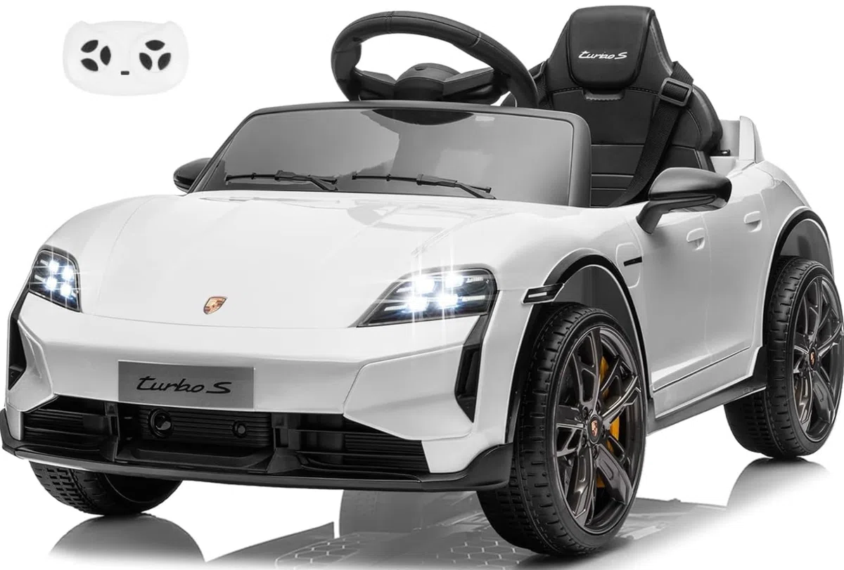 Porsche Taycan Turbo S Macchina Elettrica per Bambini 12V con Telecomando Cintura a 3 Punti Fari a Led Bluetooth Auto Elettrica Full Optional (Bianco)