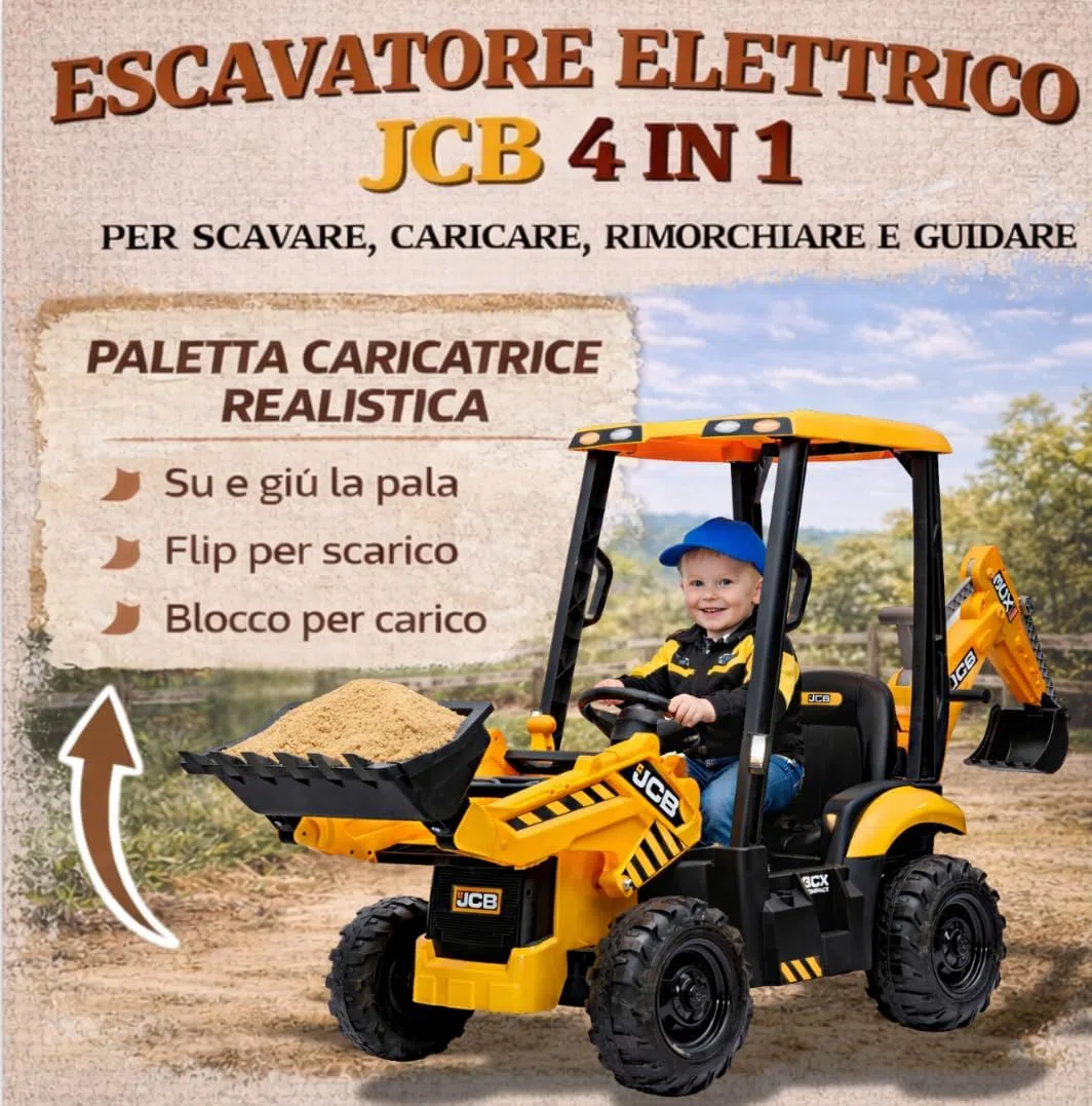 JCB Escavatore Elettrico per Bambini 24V 4 in 1 Cavalcabile con Telecomando Parentale