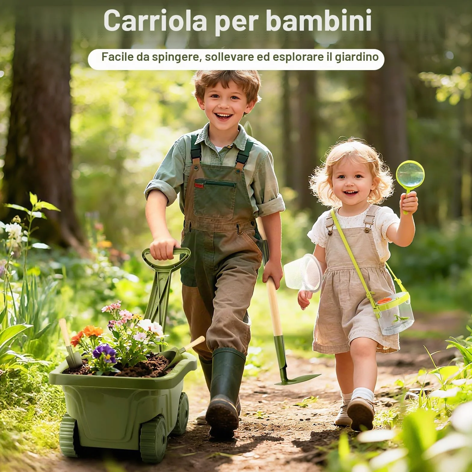 Dreamon Carriola per Bambini 17PCS – Set Giardinaggio Bambini con Attrezzi Lunghi e Corti, Guanti, Kit Esplorazione con Scatola Insetti, Retino, Lente d’Ingrandimento – Gioco Educativo Esterno 3+ Ann