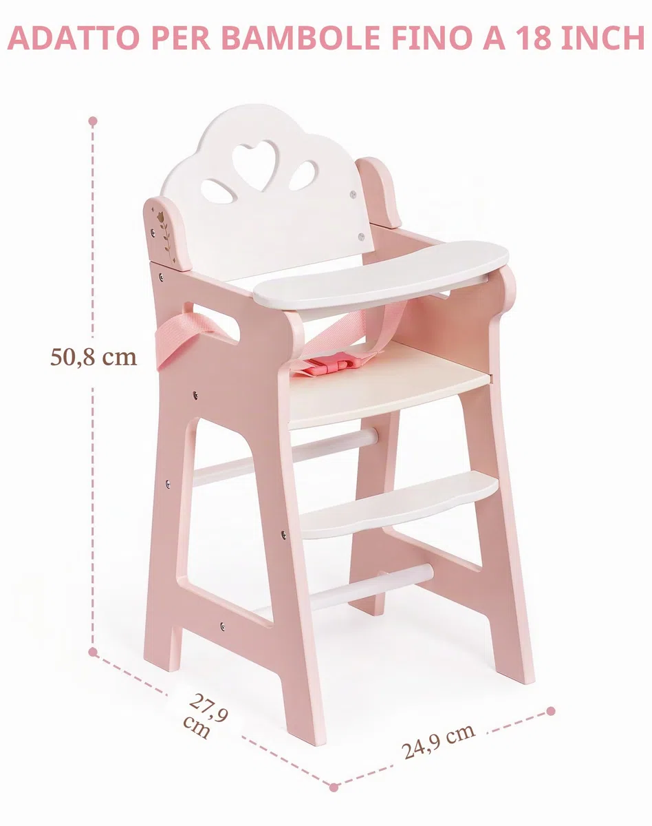 ROBUD Seggiolone per Bambini con Cintura di Sicurezza Regolabile, Tavolo e Poggiapiedi per Bambole fino a 18", Giocattolo dai 3+ Anni Rosa