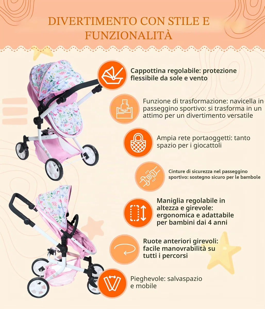 Bayer Chic 2000 - Passeggino per bambole Mika, passeggino combinato 2 in 1 per bambini dai 4 agli 8 anni, passeggino per bambole fino a 52 cm, fiori, rosa