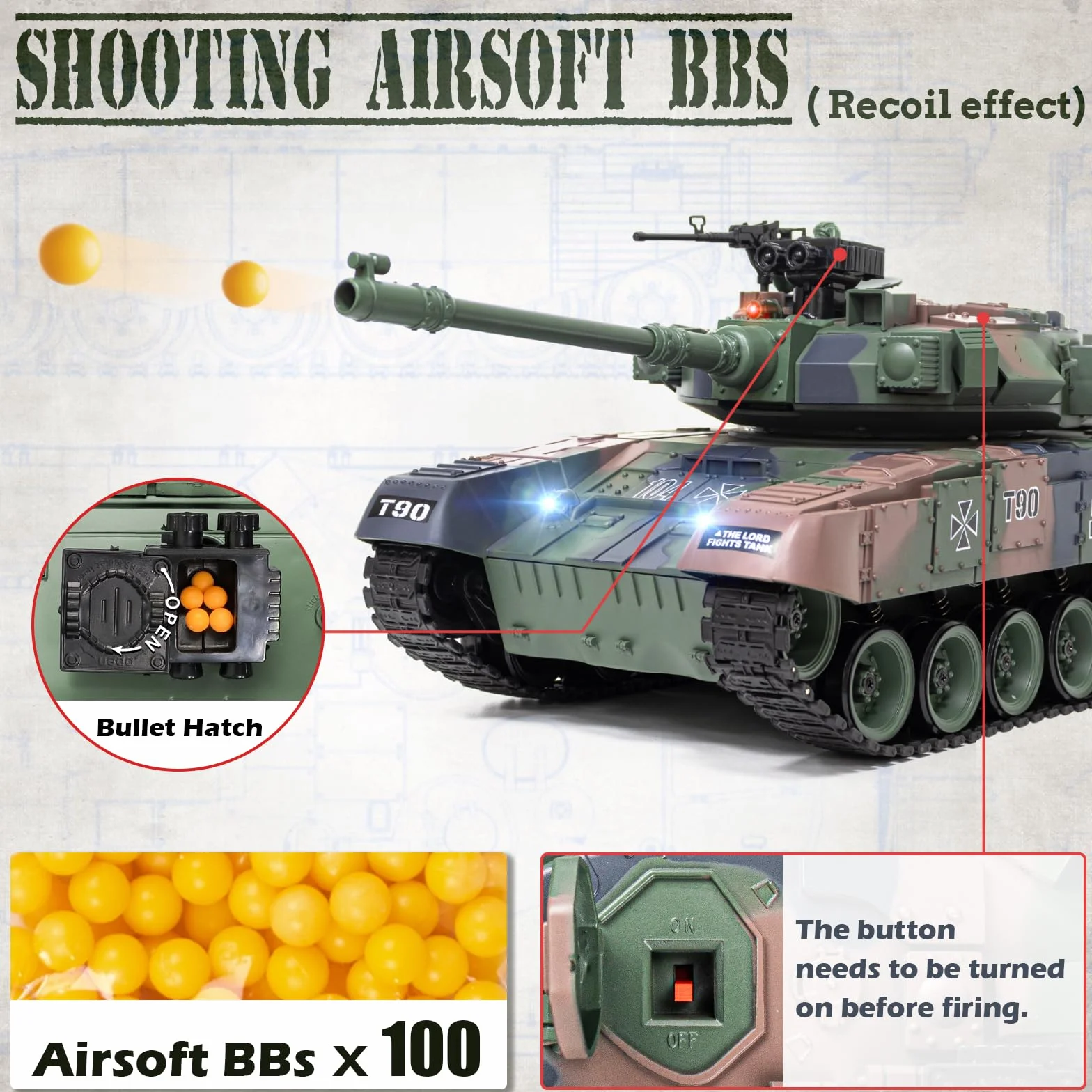 Carro Armato Telecomandato T90 1:18, Serbatoio Telecomandato Sparo BB, Fumo, Suoni e Luci Realistici, 2.4GHz Carro Armato Radiocomandato, Remote Control Tank Giocattolo Militare per Bambini e Adulti