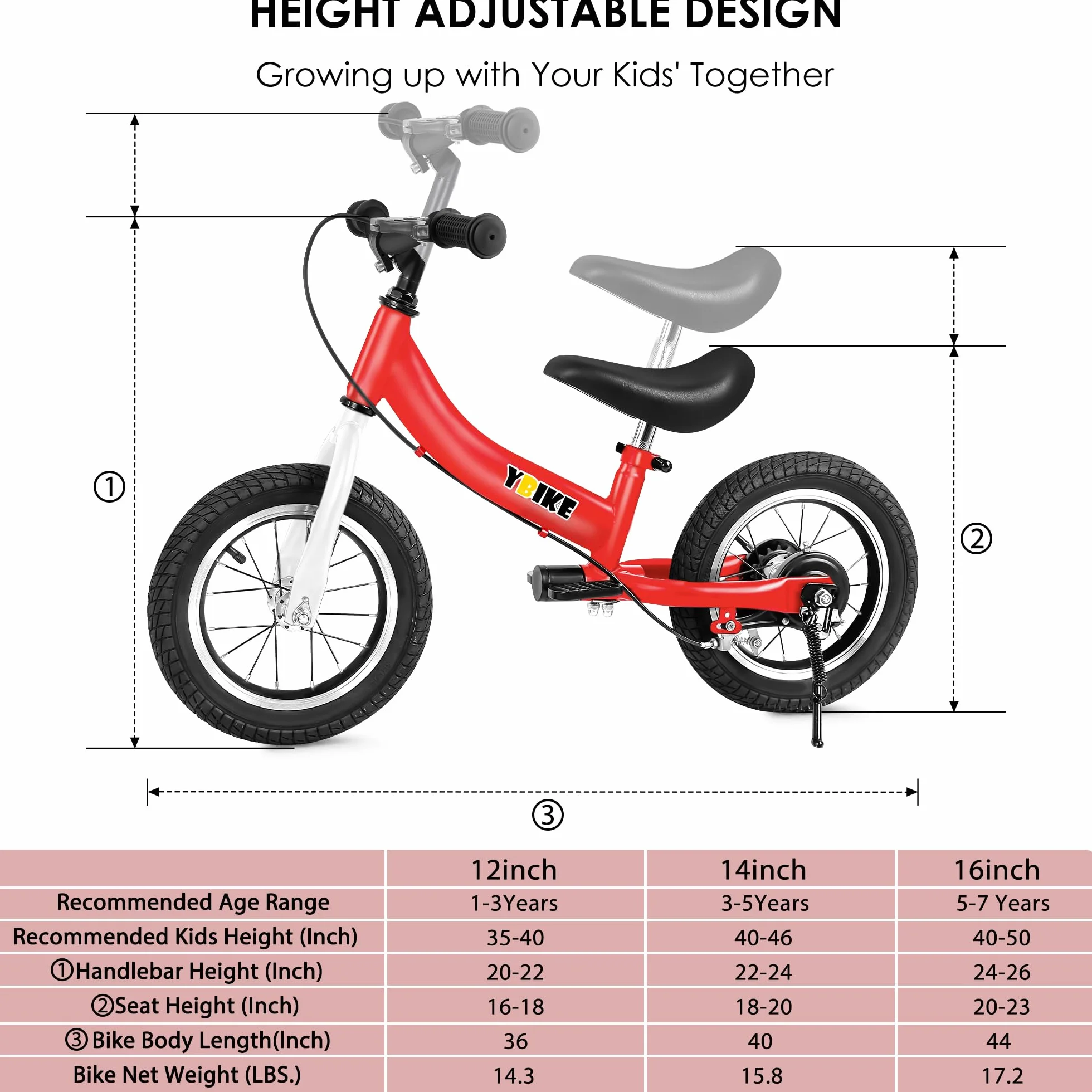 Ybike 2 in 1 Bicicletta Senza Pedali,Funzione a Doppio Uso Bici Senza Pedali, Adatto Per Bambini da 2 a 7 Anni, 12, 14, 16 Pollici Con Freno, Pedale, Teoria Di Formazione