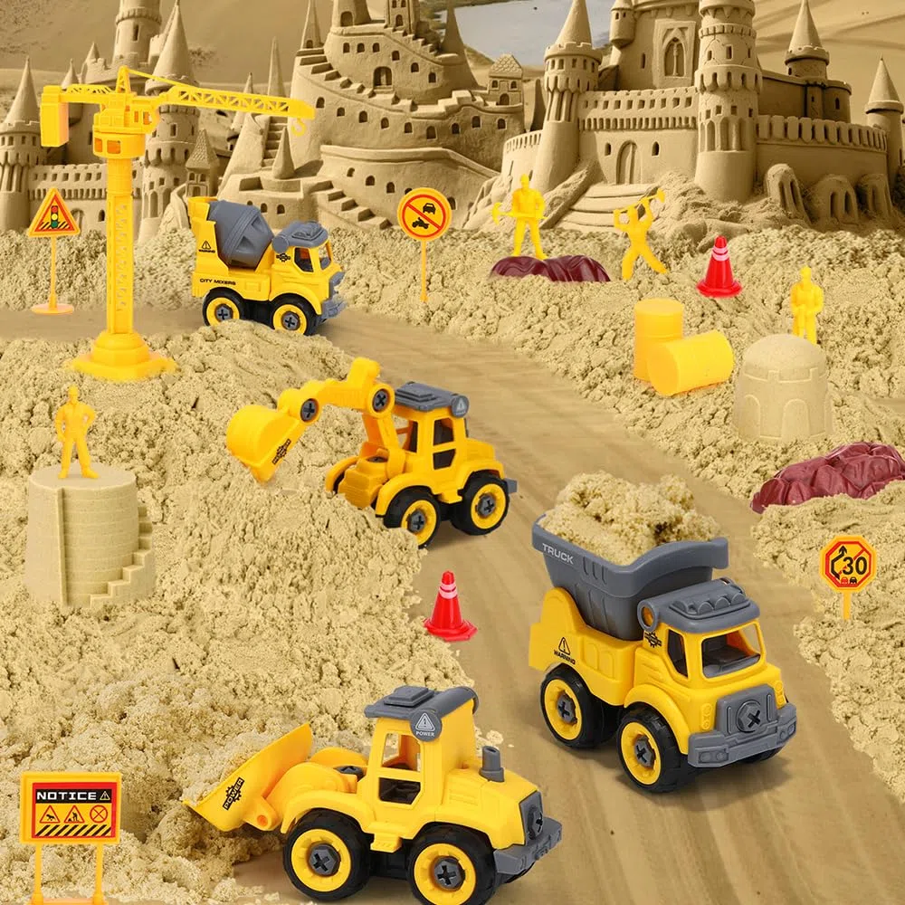 FRUSE Sabbia per Bambini,Kit di Sabbia con Sabbia Magica,4 Camion da Costruzione,4 Stampi per Castelli,Scatola di Sabbia con Coperchio,Sabbiera Giocattolo per Ragazzi e Ragazze Oltre i 3 Anni