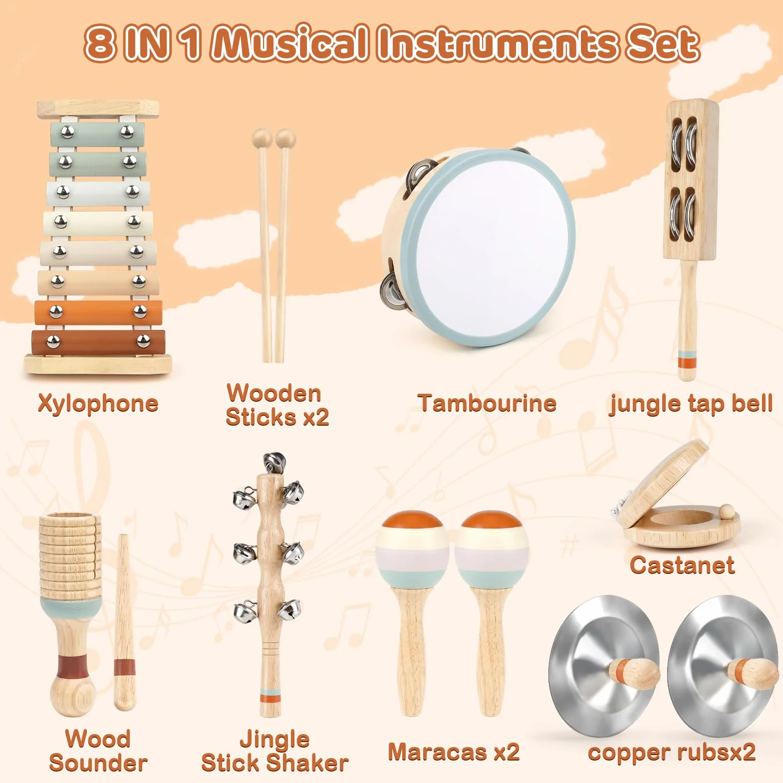 Strumenti Musicali Bambini, Montessori Strumenti Musicali Percussioni Giocattolos, Percussioni in Legno con Tamburo, Xylophone , Percussioni per Bambini, 3 4 5 6 Anni Giochi Bambini