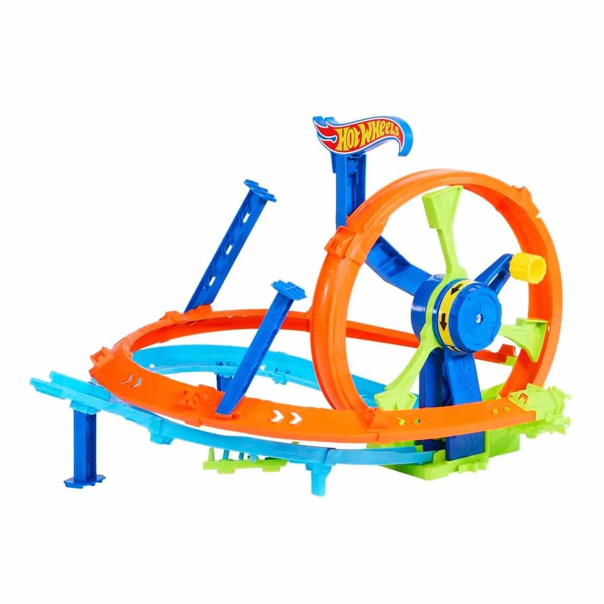 Hot Wheels - Pista Loop Rotante, playset con zona scontro su pista a forma di 8 e loop a propulsione, include una macchinina in scala 1:64, giocattolo per bambini, 3+ anni, JBX65