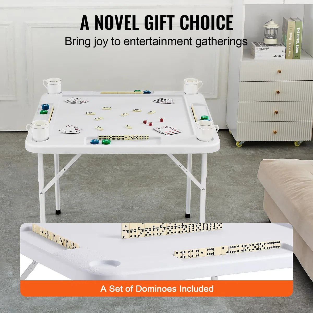 VEVOR Tavolo Mahjong Pieghevole Quadrato 4 Giocatori con Portabicchieri, 900 x 900 mm, Bianco
