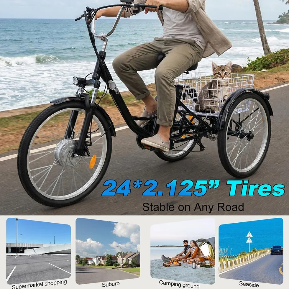 Triciclo elettrico per adulti M300 Batteria rimovibile da 36 V 15 Ah Pneumatici antiscivolo e resistenti all'usura da 24 x 2,125 pollici Triciclo da campeggio Triciclo da trasporto per anziani