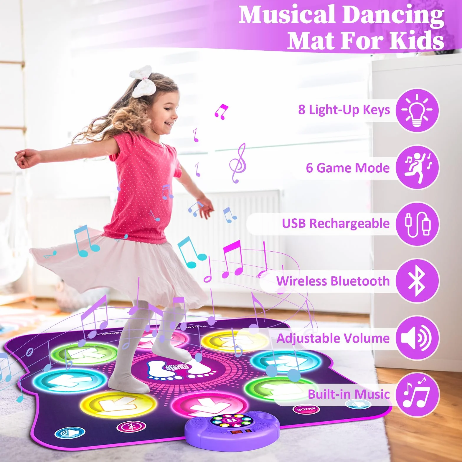 LEAPRCSTORE Tappetino da Ballo Giocattolo per Bambini,Tappeto da Ballo Illuminato con 8 LED, 6 modalità di Gioco, Batteria Inclusa, Regali di Natale di Compleanno per Ragazze 3 4 5 6 7 8 9 10+