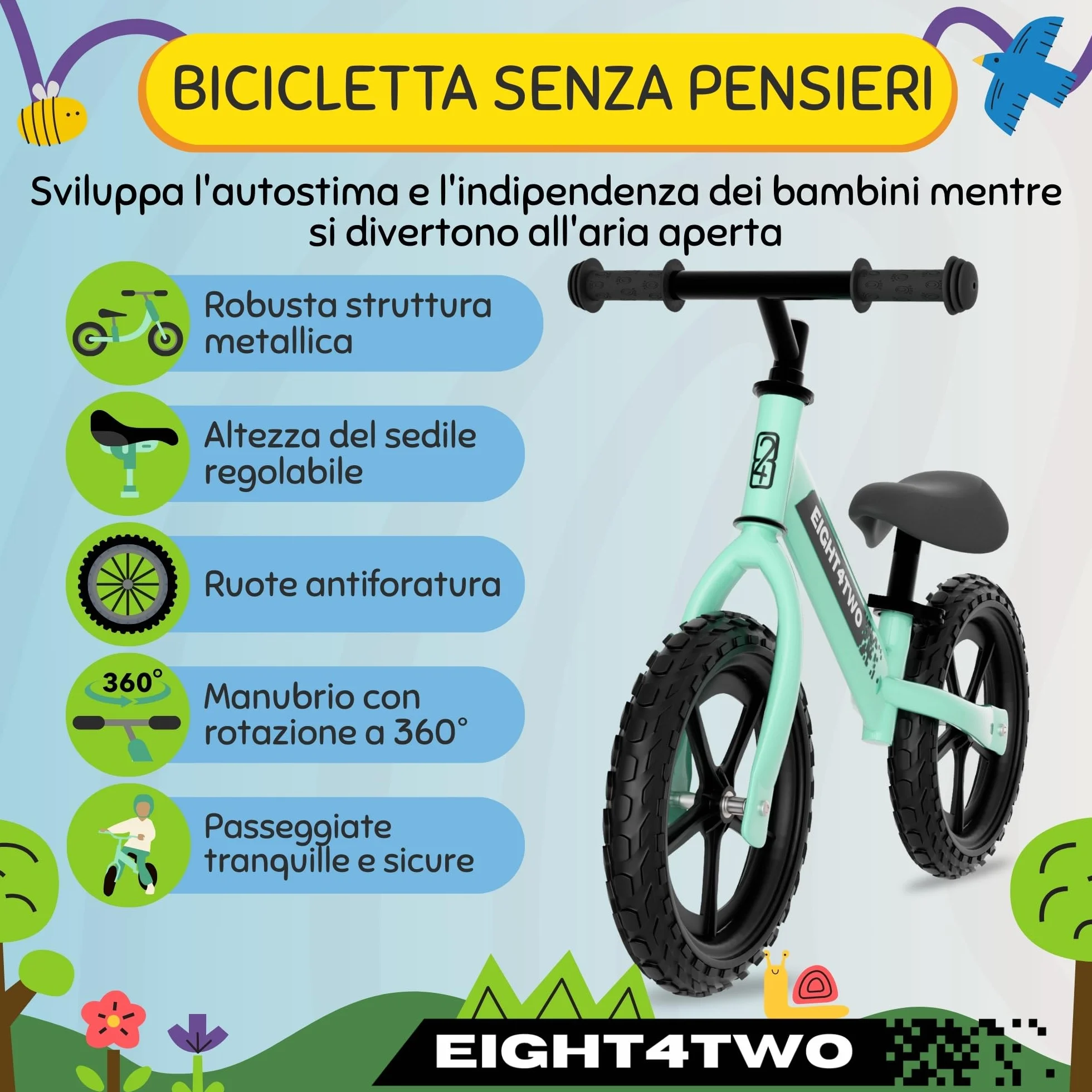 EIGHT4TWO Bicicletta senza pedali per bambini 2, 3, 4 e 5 anni - Bicicletta senza pedali Ideale per bilanciamento - Giocattoli per bambini di 2, 3, 4 e 5 anni.