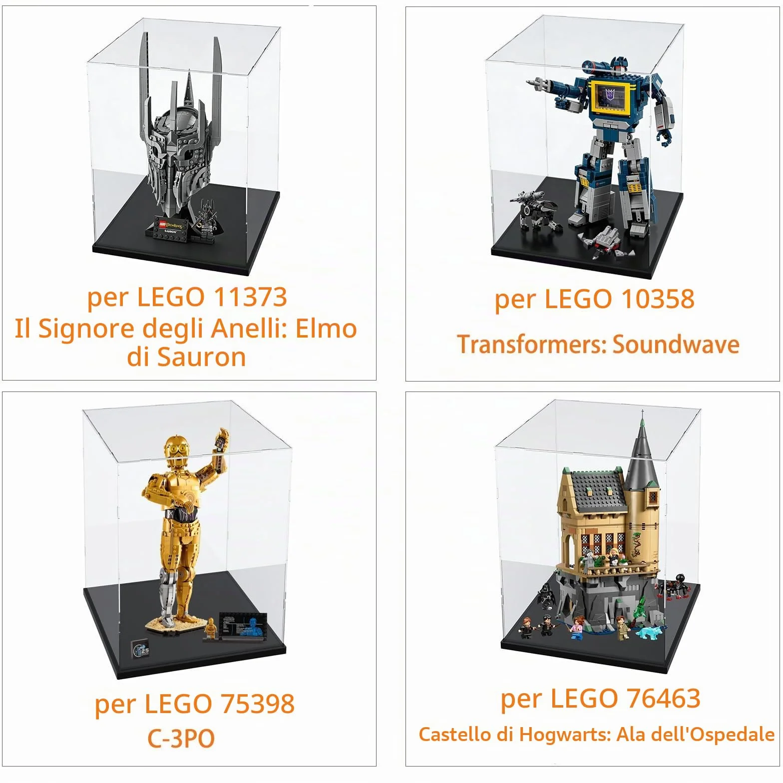 Vetrina Espositiva Teca Plexiglass Acrilico 3MM per Lego Trofeo Coppa Mondo FIFA 43020 Elmo Sauron 11373 75398 C3PO 21349 21376 Gatto 10358 77072 76463 76467, Trasparente Nero Interno 25x25x40cm