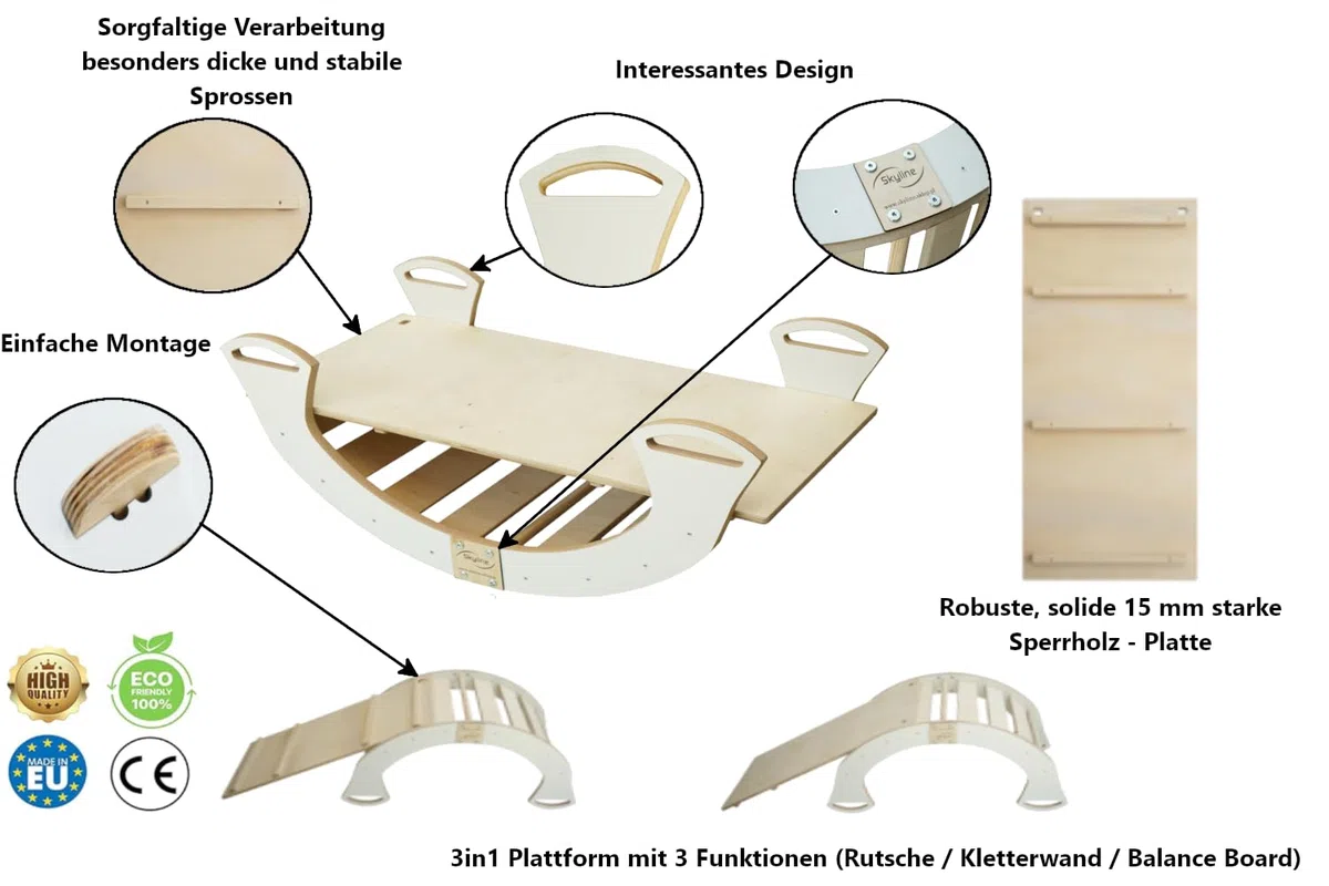 Skyline Altalena equilibrio legno tunnel arco arrampicata montessoriano per bambini dondolo scivolo con rampa L Bianco