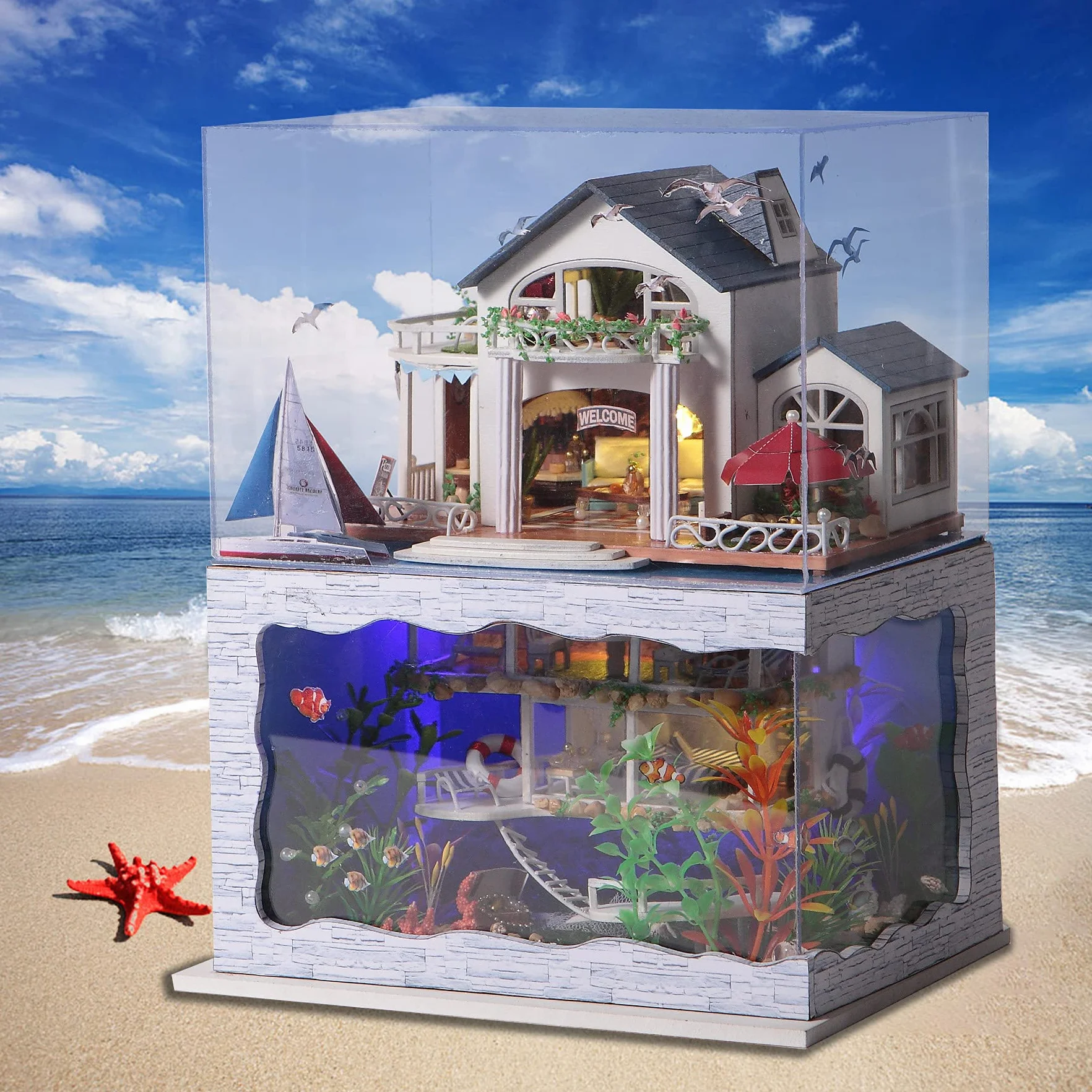 Cuteefun Kit Casa in Miniatura da Costruire, Miniature Casa delle Bambole Fai da Te con Mobili Copertura e Strumenti, Regali Creativi Artigianali (Hawaii Villa)