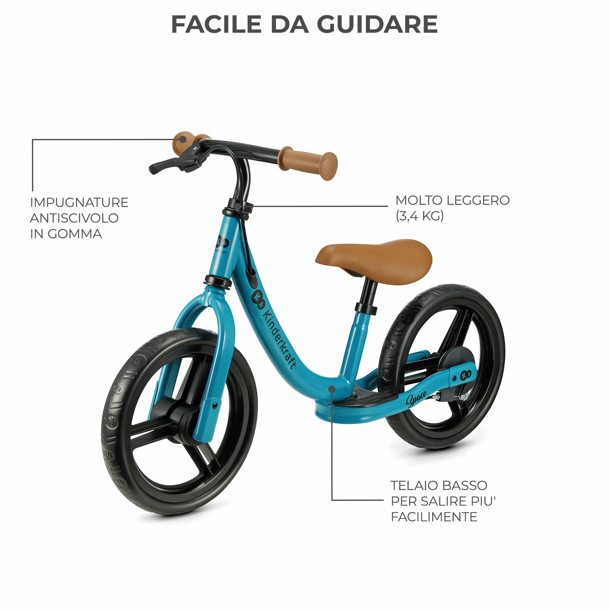 Kinderkraft SPACE2 Bicicletta bambini 3-5 anni, Bici senza pedali, 12 polici ruote, Design sportivo, Regolazione della sella, Montaggio facile, Struttura leggera