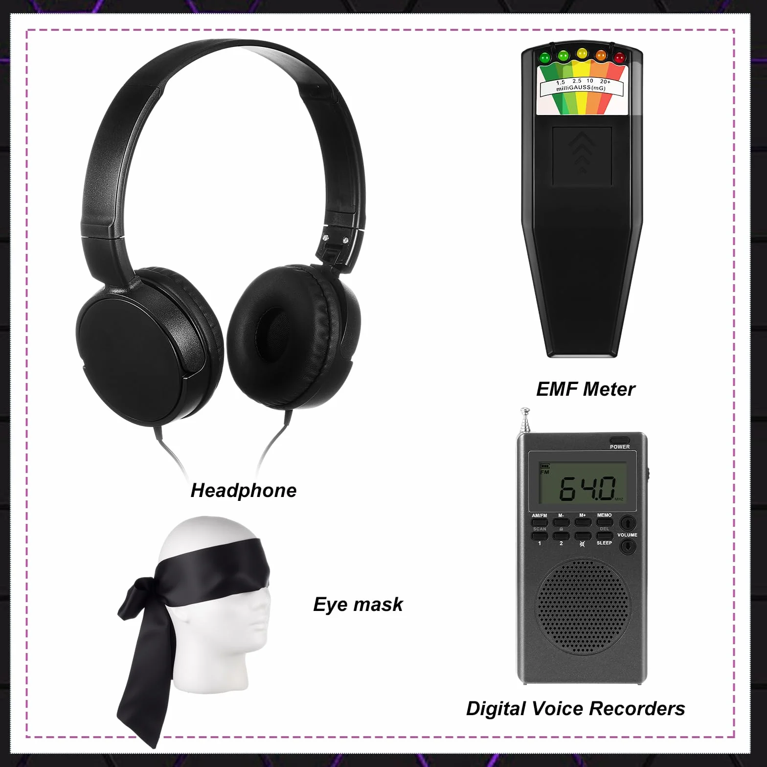 Dunzy Kit di attrezzature per la caccia ai fantasmi con Ghost Box Rilevatore di campo magnetico Cuffie Benda Dispositivo di caccia per indagini Emf Meter Magnetico Paranormale Spirit Forniture per