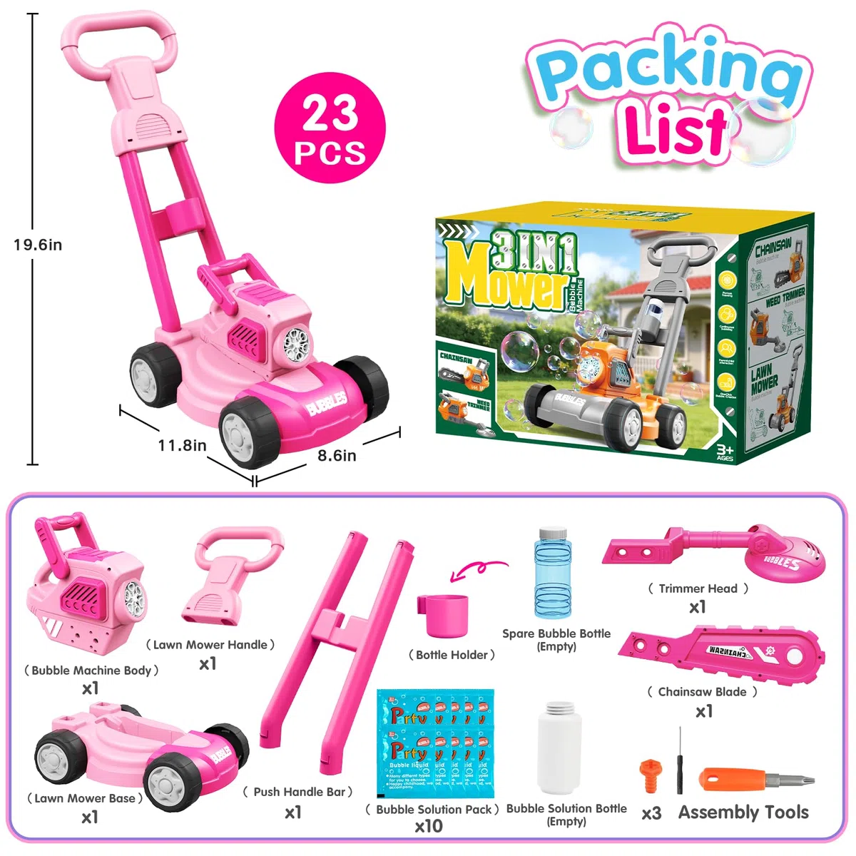 Tosaerba Spara Bolle per Bambini, Macchina per Bolle 3-in-1 con 10 Soluzioni, Giochi all'Aperto per Bambini 3-8 Anni, Regalo di Compleanno Pasqua Estate per Ragazzi e Ragazze 3 4 5 6 7 8 Anni