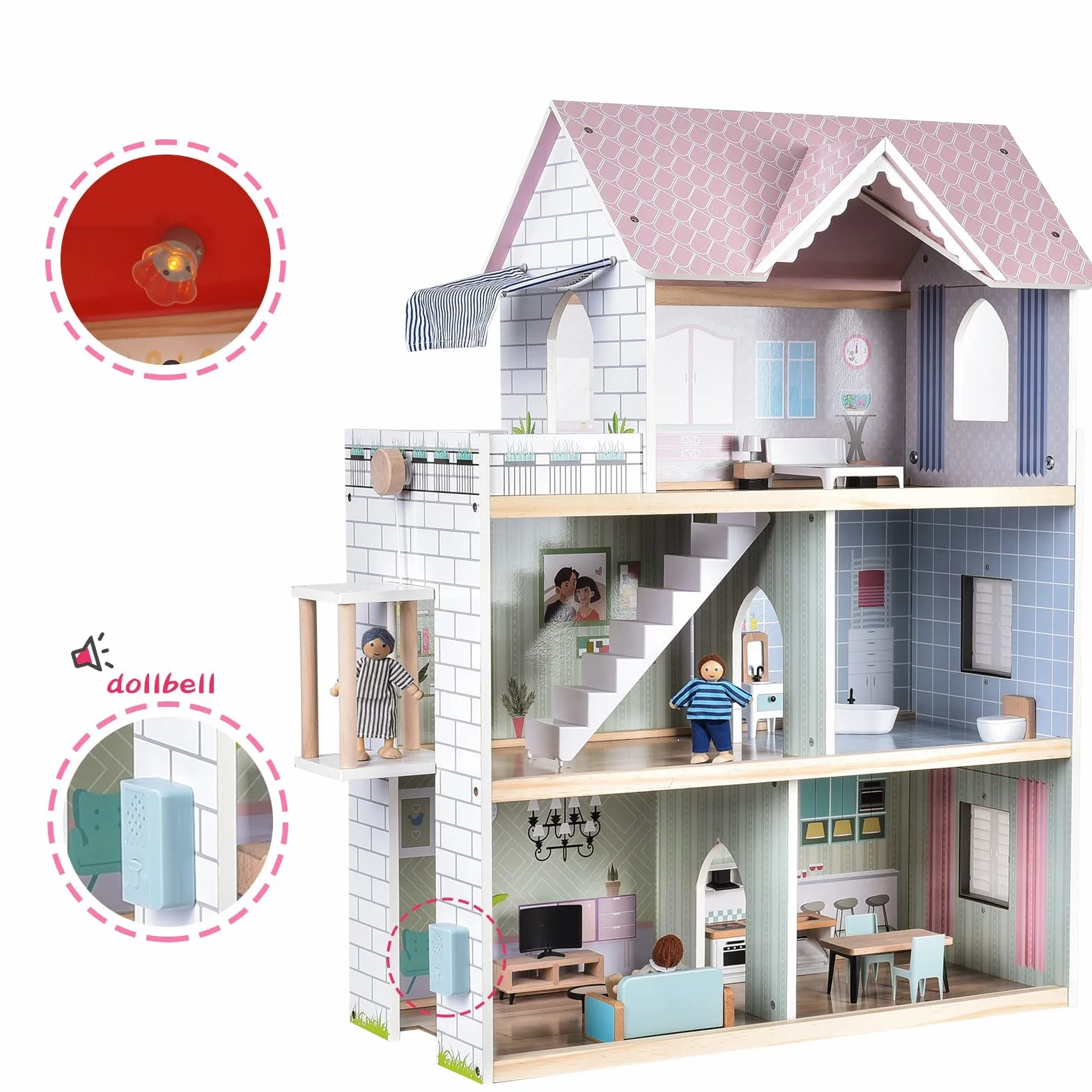 Giant Bean Casa Bambole Legno, 80 cm Casa Delle Bambole in Legno di Altezza Con Ascensore, Campanello, Luce, 15 Mobili e 3 bambole, Regalo Giocattolo per Ragazze dai 3 ai 7 Anni +
