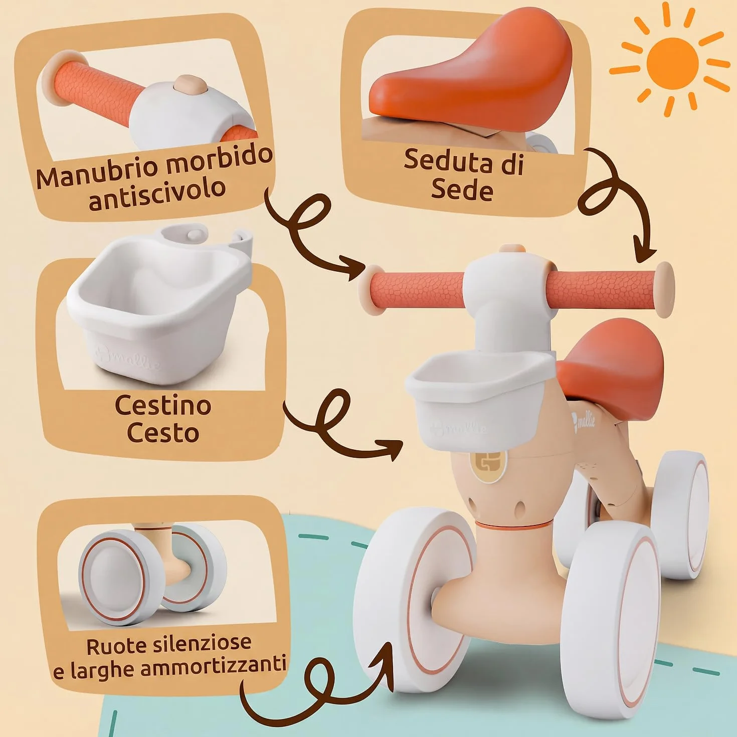 Mallie® Bicicletta Senza Pedali per 1 Anno con cestino - Balance Bike, Regalo Bambino 1 Anno, Bici Senza Pedali 2 Anni, Regalo Bimbo, Regalo Bambina