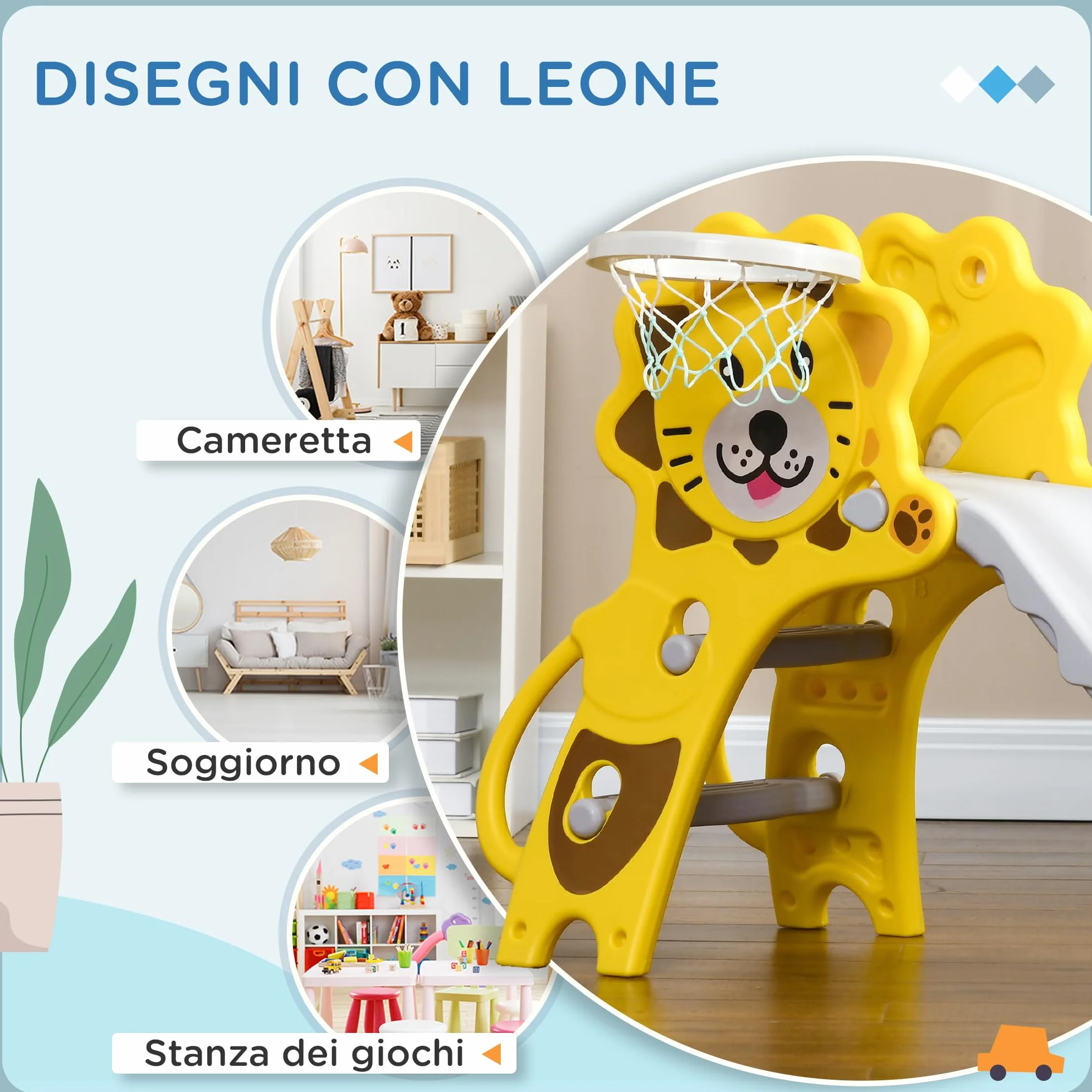 AIYAPLAY Scivolo per Bimbi 18-36 Mesi con Canestro da Basket Laterale, Scivolo in Plastica, 131x50x74 cm, Giallo e Grigio