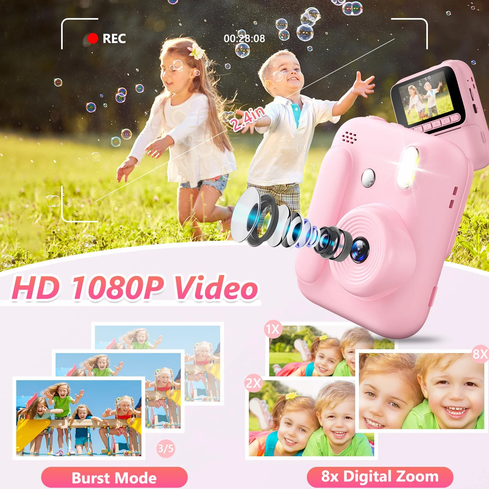 Macchina Fotografica Bambini Istantanea,Fotocamera Istantanea 1080P con 5 Rotoli di Carta da Stampa,Scheda da 32GB e Penne Colorate,Fotocamera Digitale Portatile per Bambini dai 3-14 Anni (Rosa)