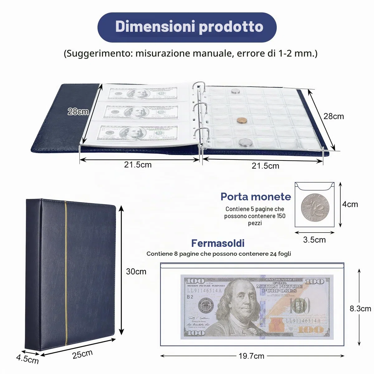 Album da Collezione di Monete e Banconote, 150 Tasche Raccoglitore Monete e 24 Tasche Porta Banconote, per Collezionare (Blu)