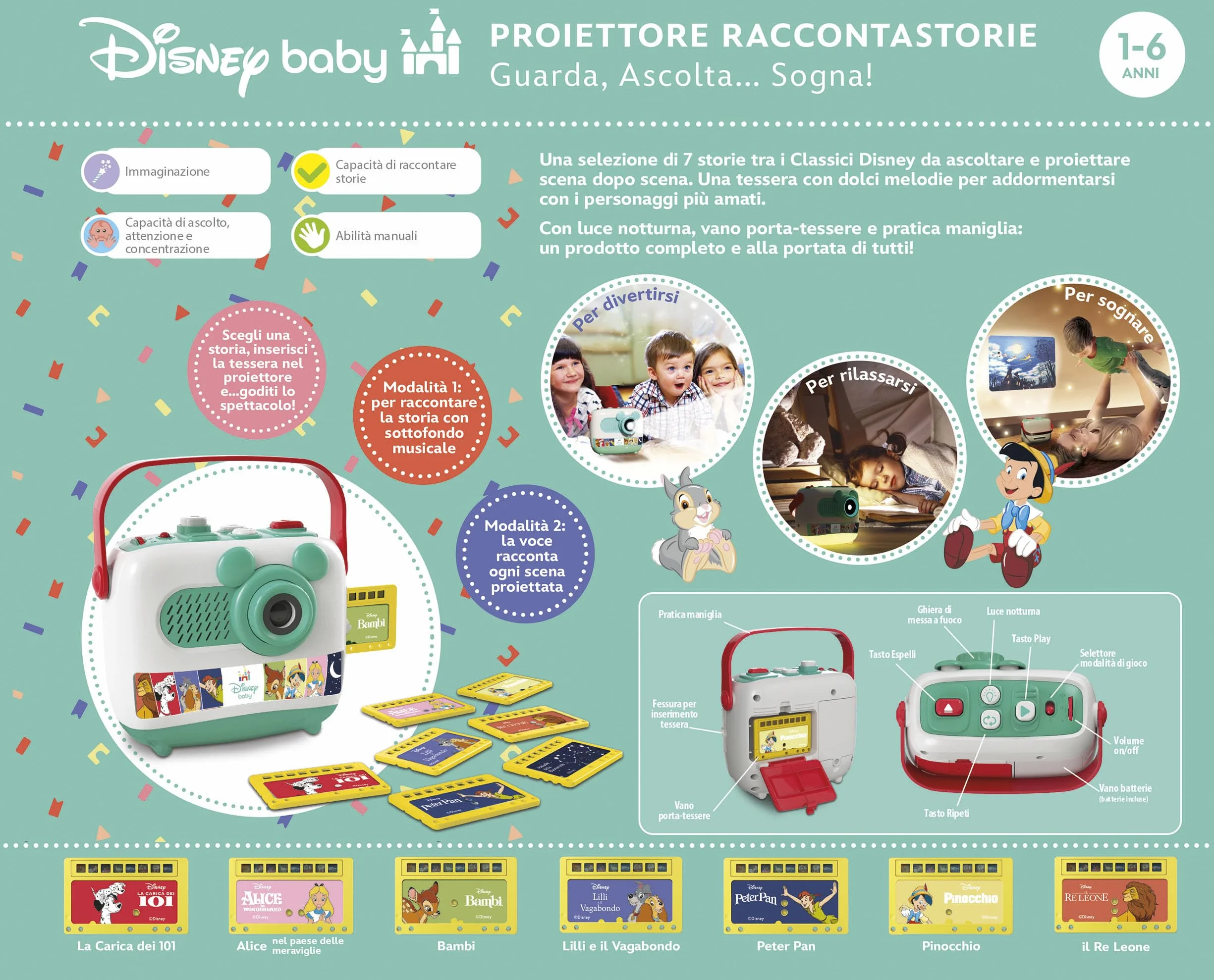 Clementoni Disney Baby Proiettore Raccontastorie, Storyteller per Bambini 1-6 Anni, con 8 Diapositive dei Grandi Classici, Gioco Elettronico, Non Compatibile con Le Ricariche, in Italiano, 17819