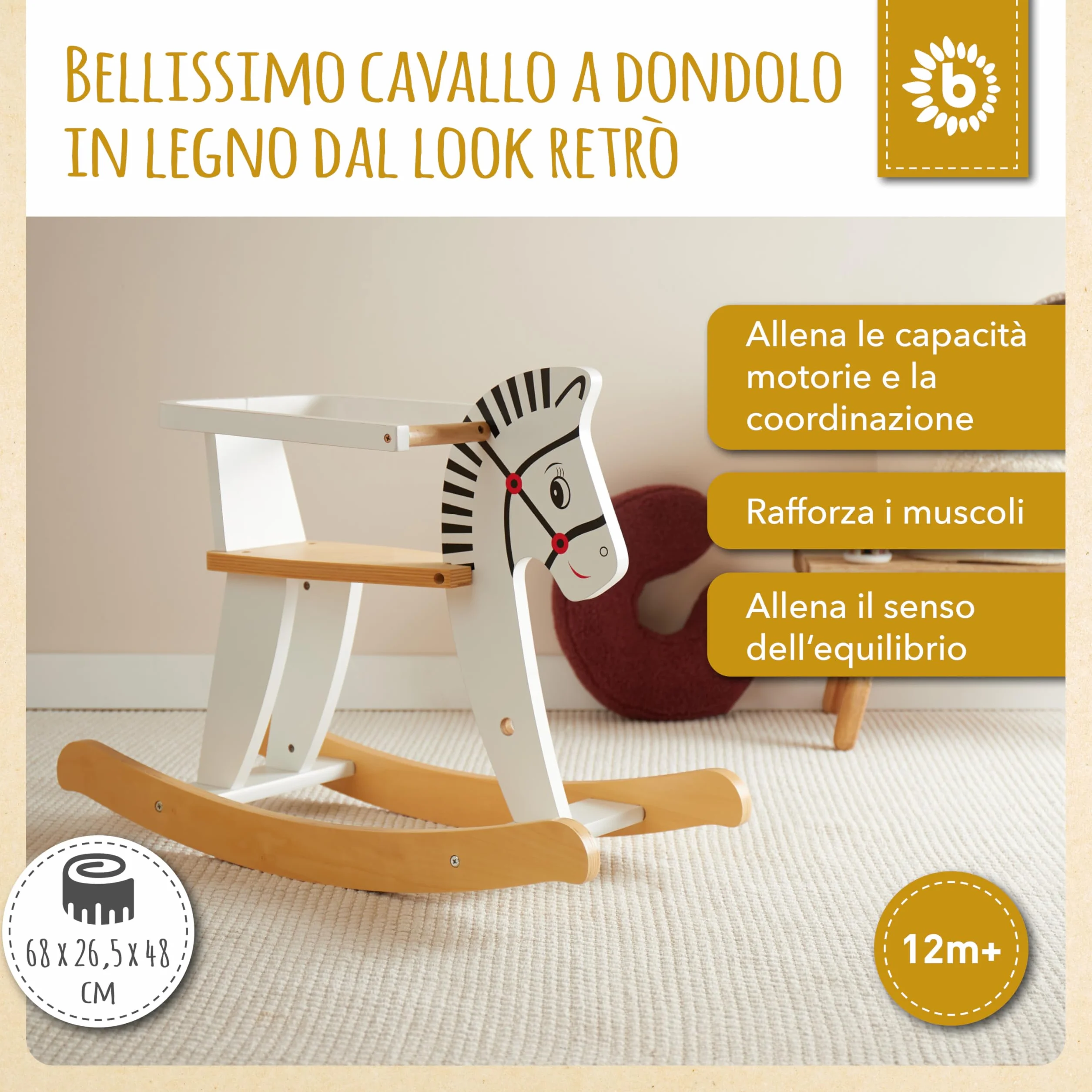 Bieco 74000210 – Cavallo a Dondolo in Legno, 68 x 26.5 x 48 cm, Bianco