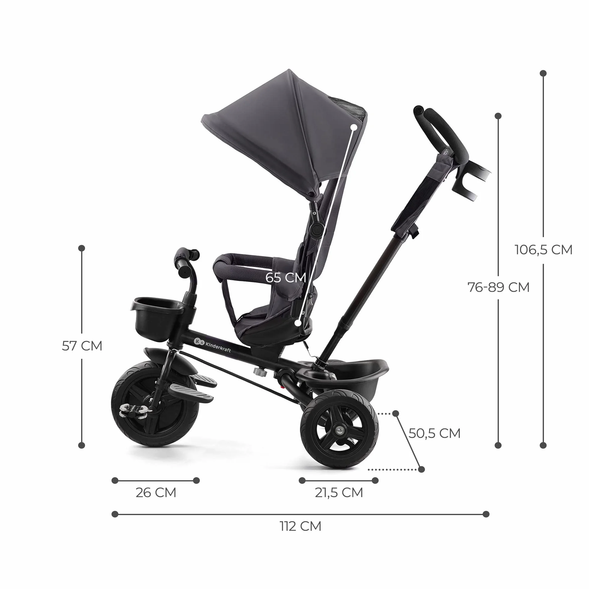 Kinderkraft AVEO Triciclo bambini dai 9 Mesi fino 25 kg, Passeggino con Maniglione del Genitore regolabile, Bici, Compatto pieghevole, Sedile girevole Fronte Mamma e Strada, Ruota libera, Grigio