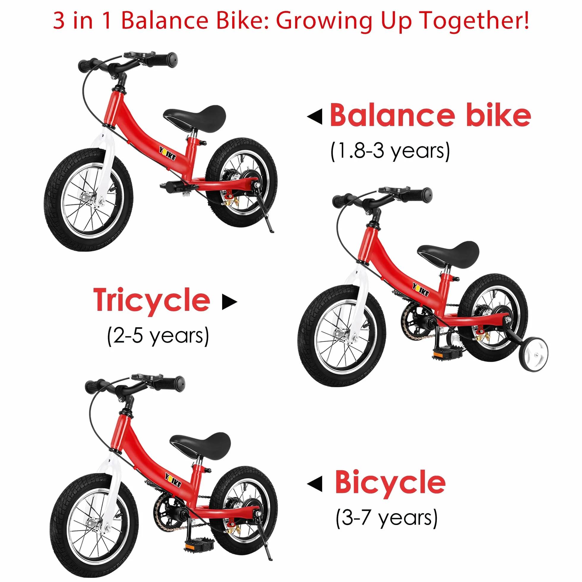Ybike 2 in 1 Bicicletta Senza Pedali,Funzione a Doppio Uso Bici Senza Pedali, Adatto Per Bambini da 2 a 7 Anni, 12, 14, 16 Pollici Con Freno, Pedale, Teoria Di Formazione