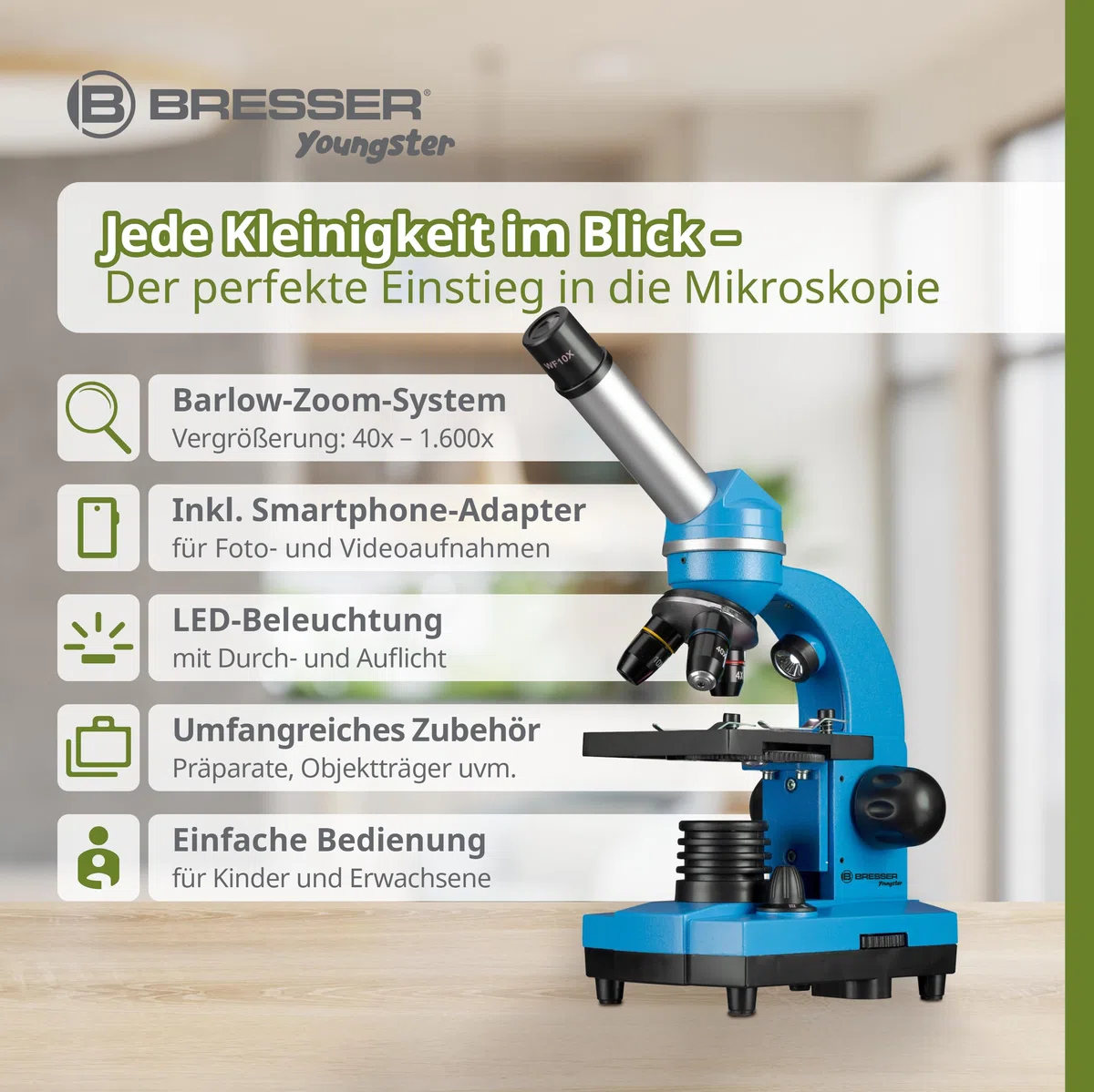 Bresser Bresse Junior microscopio per studenti Biolux Sel con supporto per smartphone, accessori e sistema di zoom Barlow, per bambini, principianti e adulti