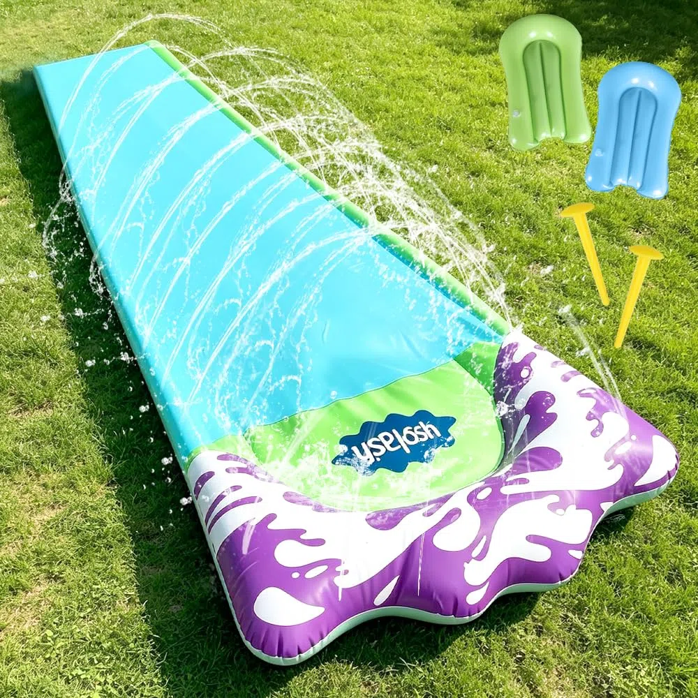 Scivolo D'acqua 480x70cm con Spruzzatori, Tappetino Acquatico con 2 Bodyboard