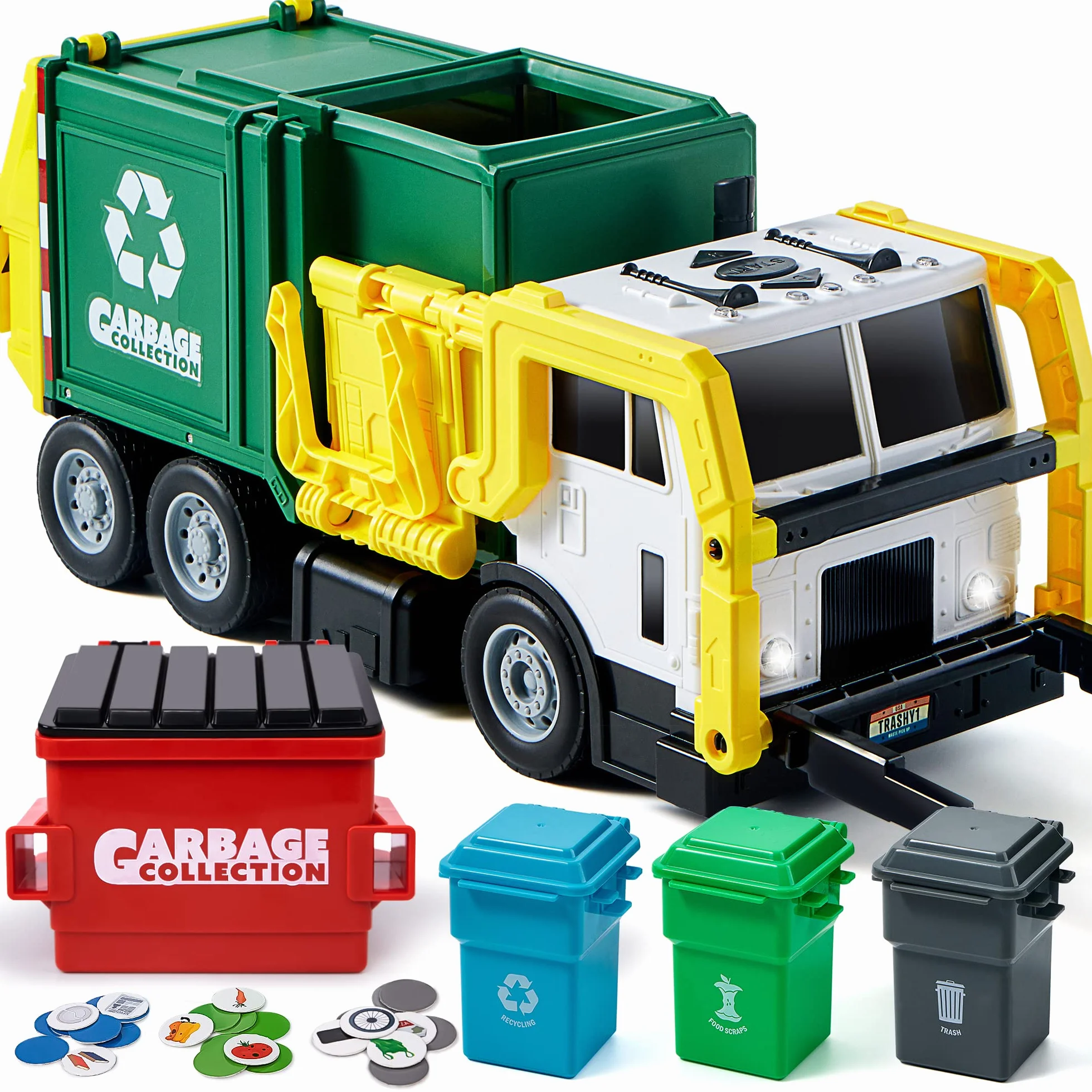 JOYIN Grande Camion Spazzatura da 40 cm, Giocattolo a Frizione con Luci e Suoni, con Pattumiera a Caricamento Frontale, 3 Bidoni Laterali con 30 Carte Pattumiera, Giocattoli per Bambini 3+(verde)