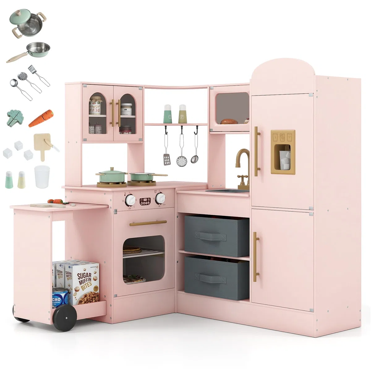HOMASIS Cucina ad Angolo con Carrello Scorrevole, Luce e Suono, Cucina Giocattolo in Legno con Forno, Microonde, Macchina del Ghiaccio, Fornello, per Bambini da 3 Anni in su (Rosa)