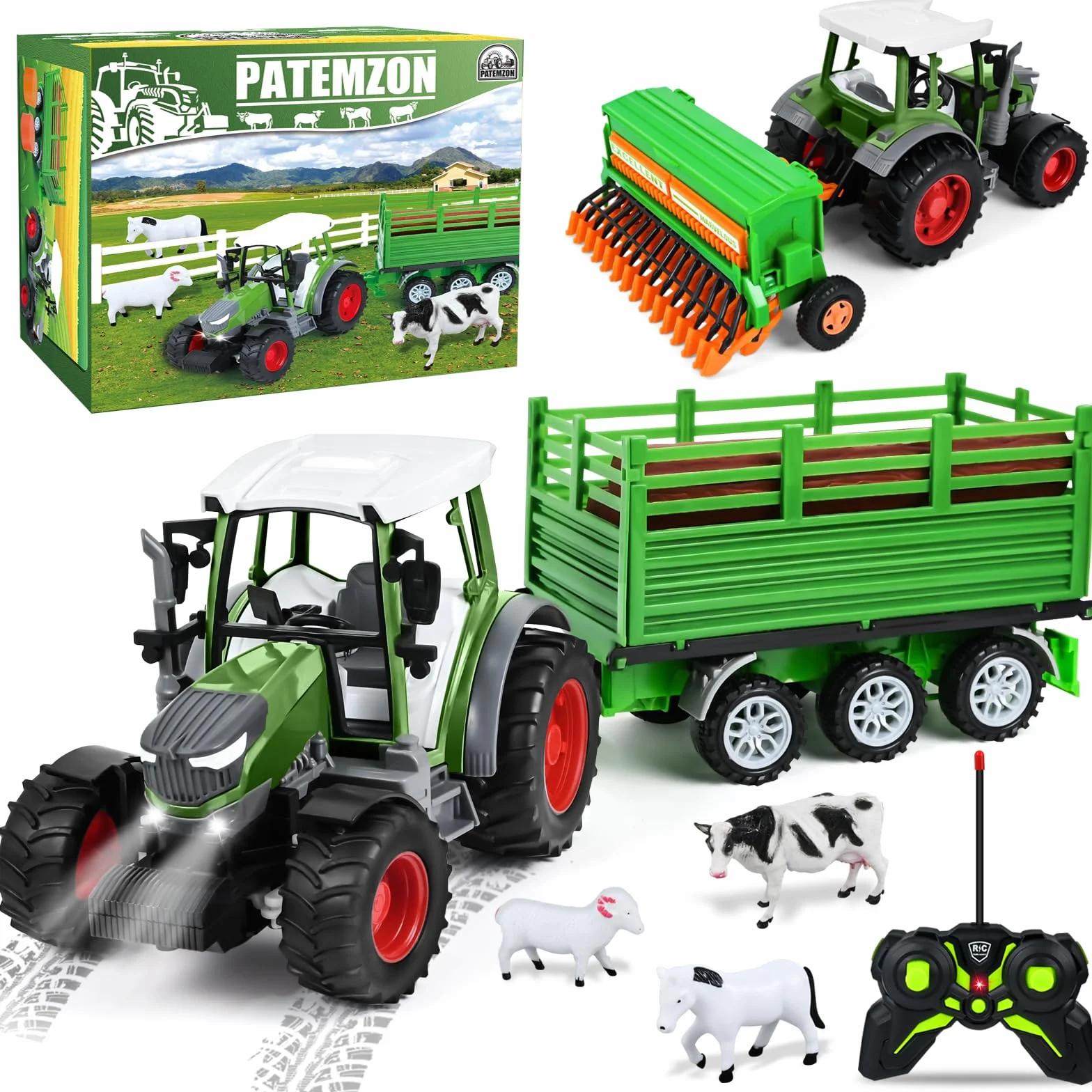 PATEMZON RC Trattore Telecomandato per Bambini, Trattore Agricolo con Aratro e Luce, Set di Trattore Radiocomandato con Rimorchio Giocattolo, Mucca, Pecora, Troncs d'Arbre e Balle, Verde
