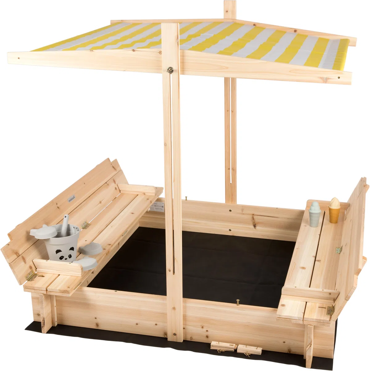 needs&wants® Sabbiera in legno con tetto, copertura e panchina, sabbiera per bambini con coperchio pieghevole, protezione UV, sabbiera quadrata per giardino e parco giochi all'aperto, 120x120 cm