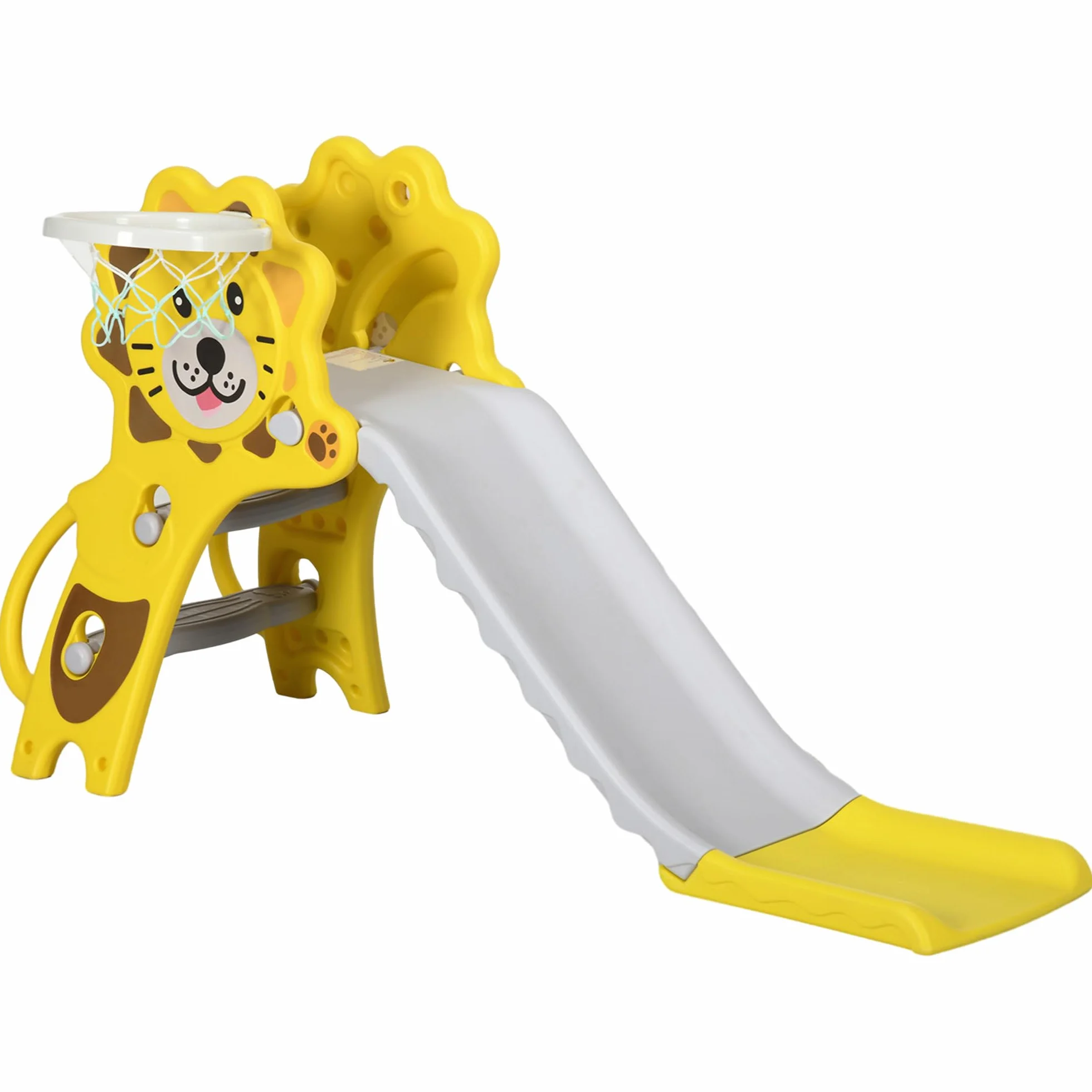 AIYAPLAY Scivolo per Bimbi 18-36 Mesi con Canestro da Basket Laterale, Scivolo in Plastica, 131x50x74 cm, Giallo e Grigio