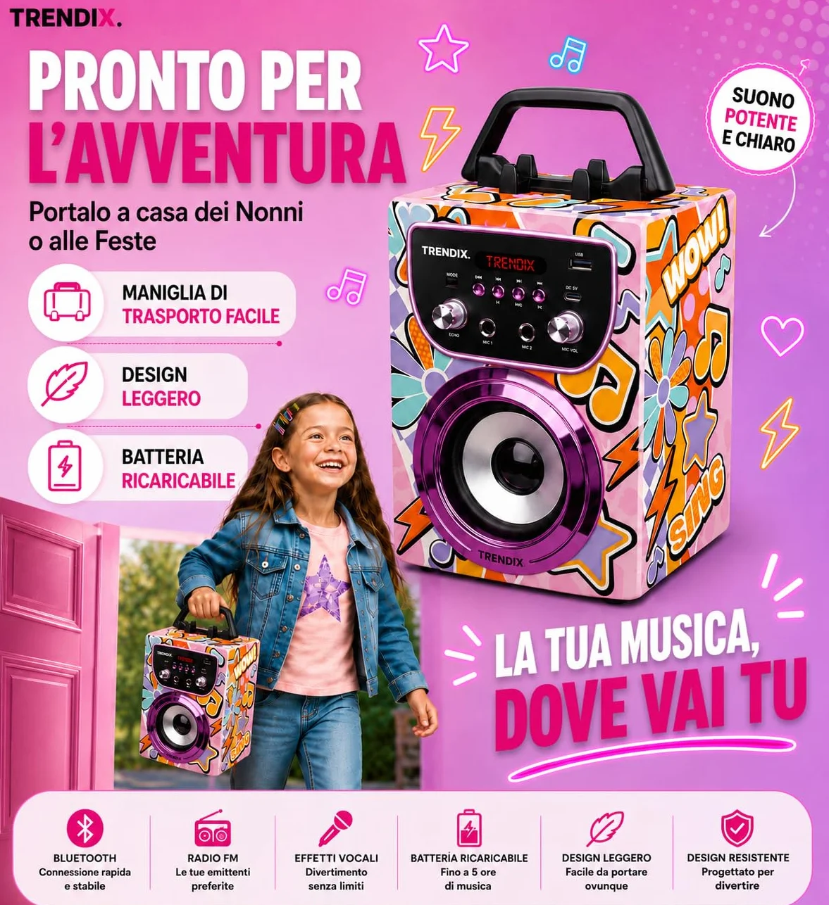 Trendix - Karaoke Per Bambini Magic Melody | Cassa Bluetooth Con Microfono, Radio Fm, Usb | Cassa Karaoke Con 2 Microfoni | 2 Microfoni Bluetooth | Regalo