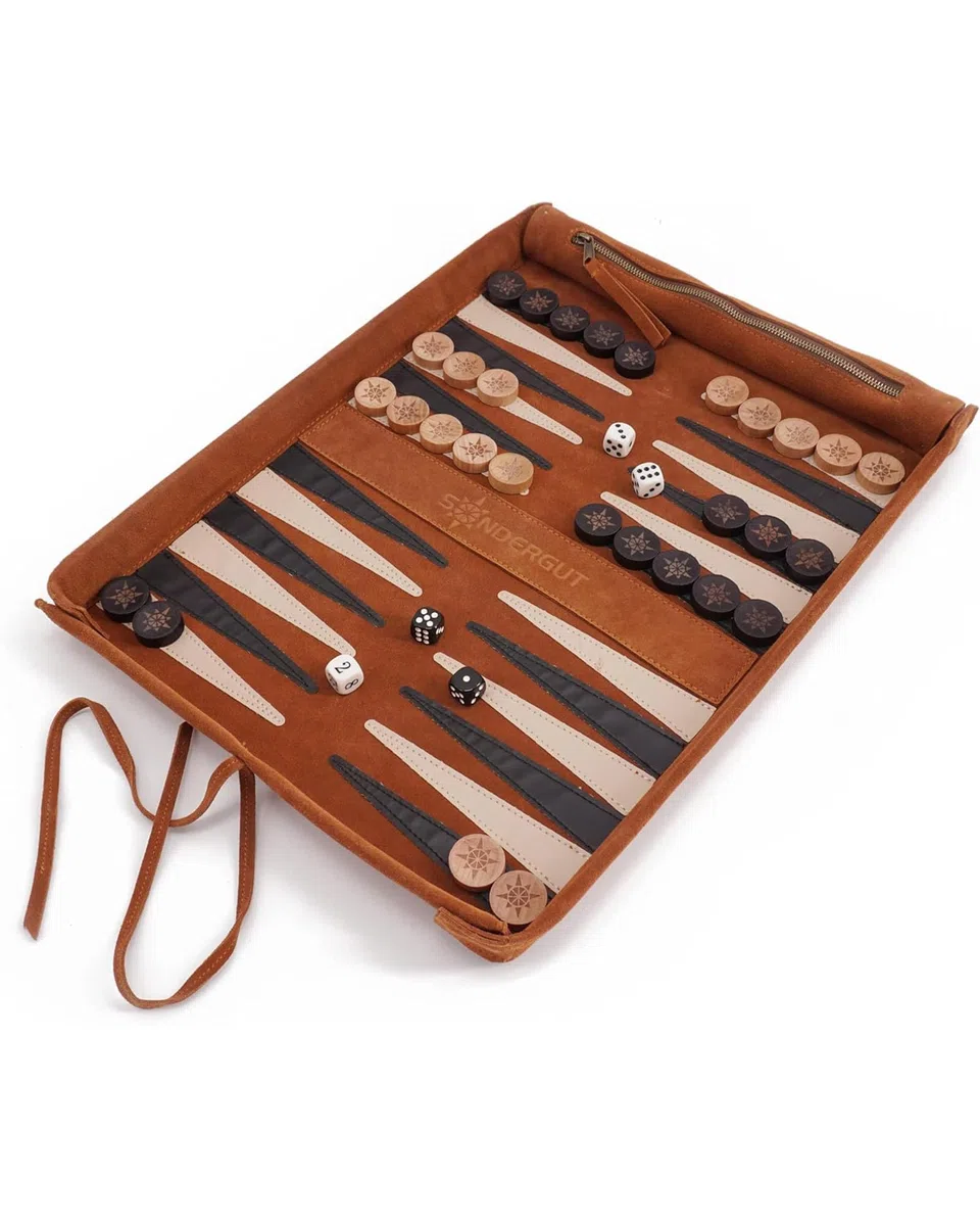 Sondergut Backgammon Deluxe – Design brevettato pieghevole e vera pelle – Design elegante – Pietre da gioco in legno di faggio di alta qualità, 30 x 40 cm