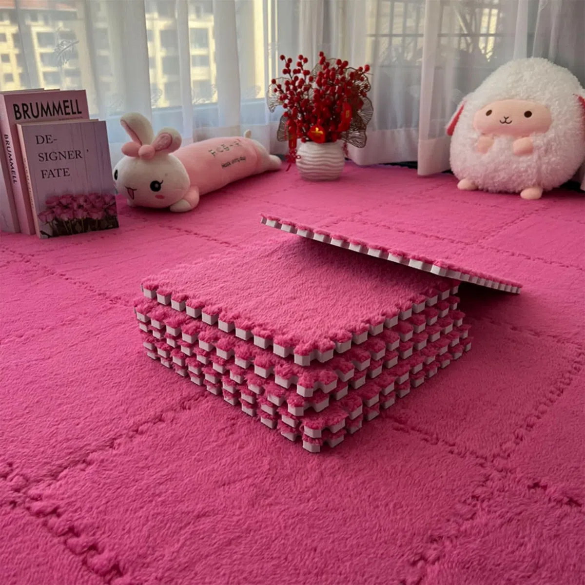 50 tappetini in schiuma di peluche a incastro, 30 x 30 cm, per soggiorno, camera da letto, 50 pezzi, colore rosa