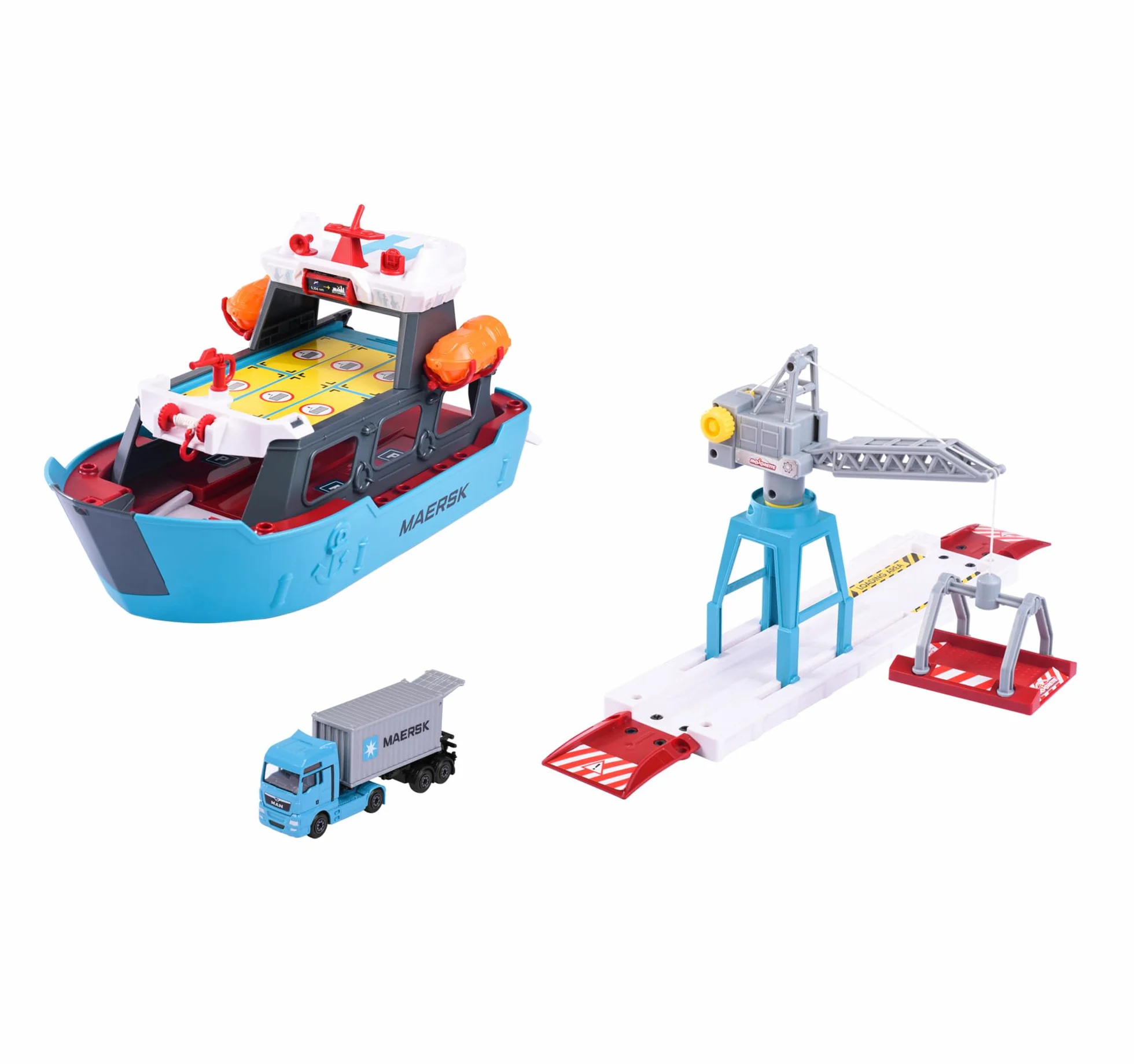 Majorette - Creatix Nave Container MAERSK, 212050039, +3 anni, playset con nave e piattaforma di carico con gru, incluso un camion con container, con due barche di salvataggio, misura 52 cm