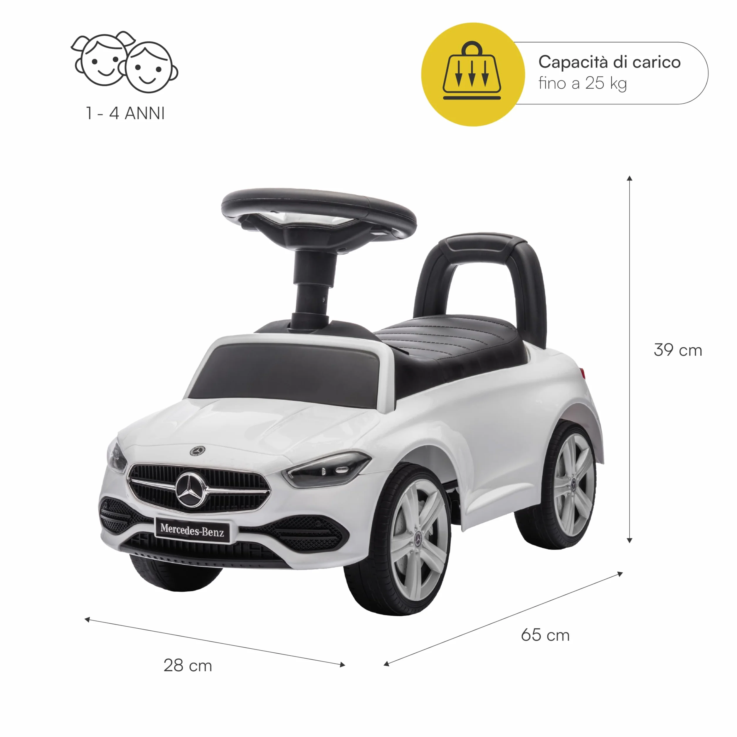 Baroni Toys Mercedes Ride-On Macchinina Spingi e Vai per Bambini 1-4 Anni, Fari LED, Suoni Realistici, Ruote Antiscivolo, Vano Portaoggetti, Design Antiribaltamento 65x28x39 cm Bianca