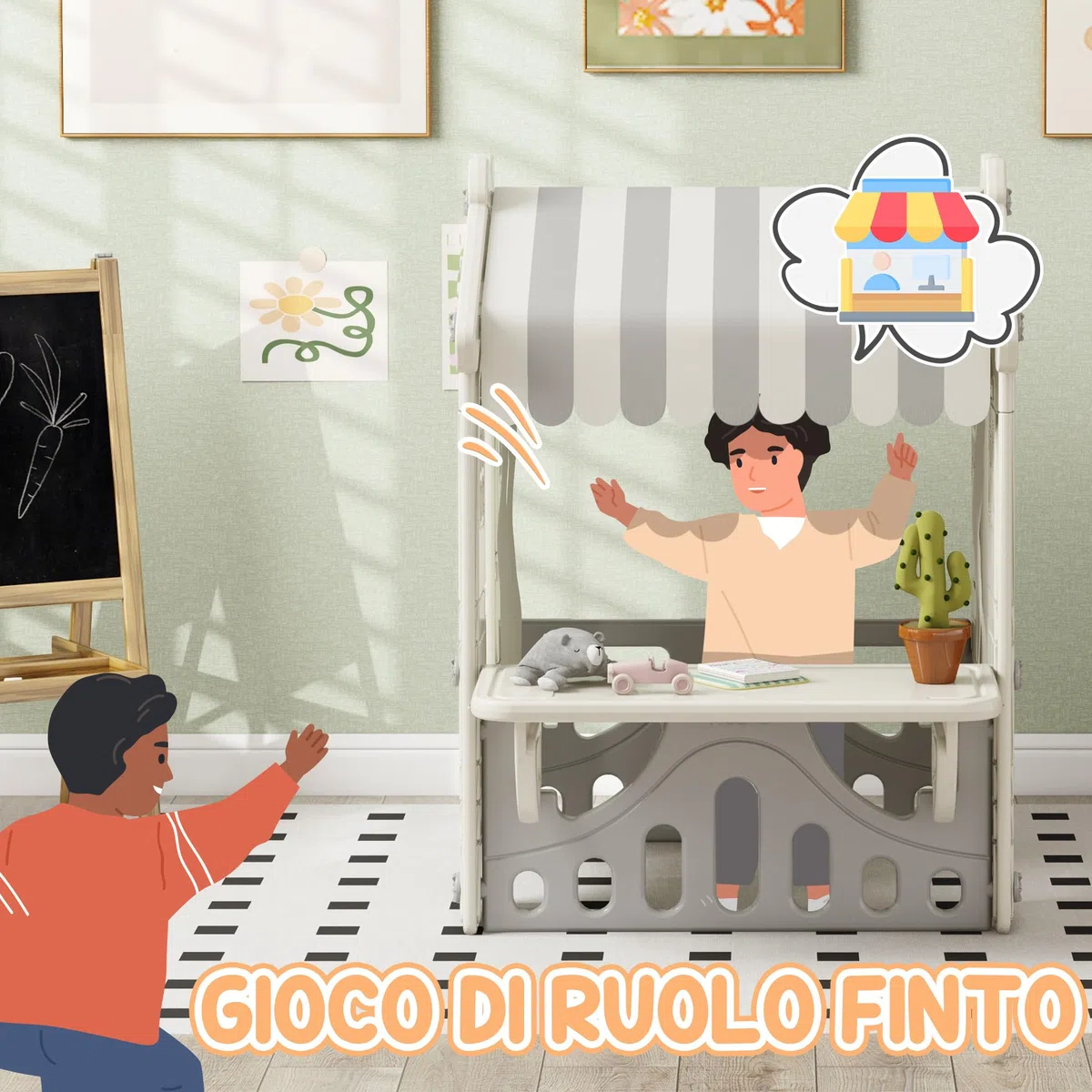 AIYAPLAY Casetta per Bambini con 4 Finestre, Porte ad Arco, Tetto e Bancone, Plastica, Crema
