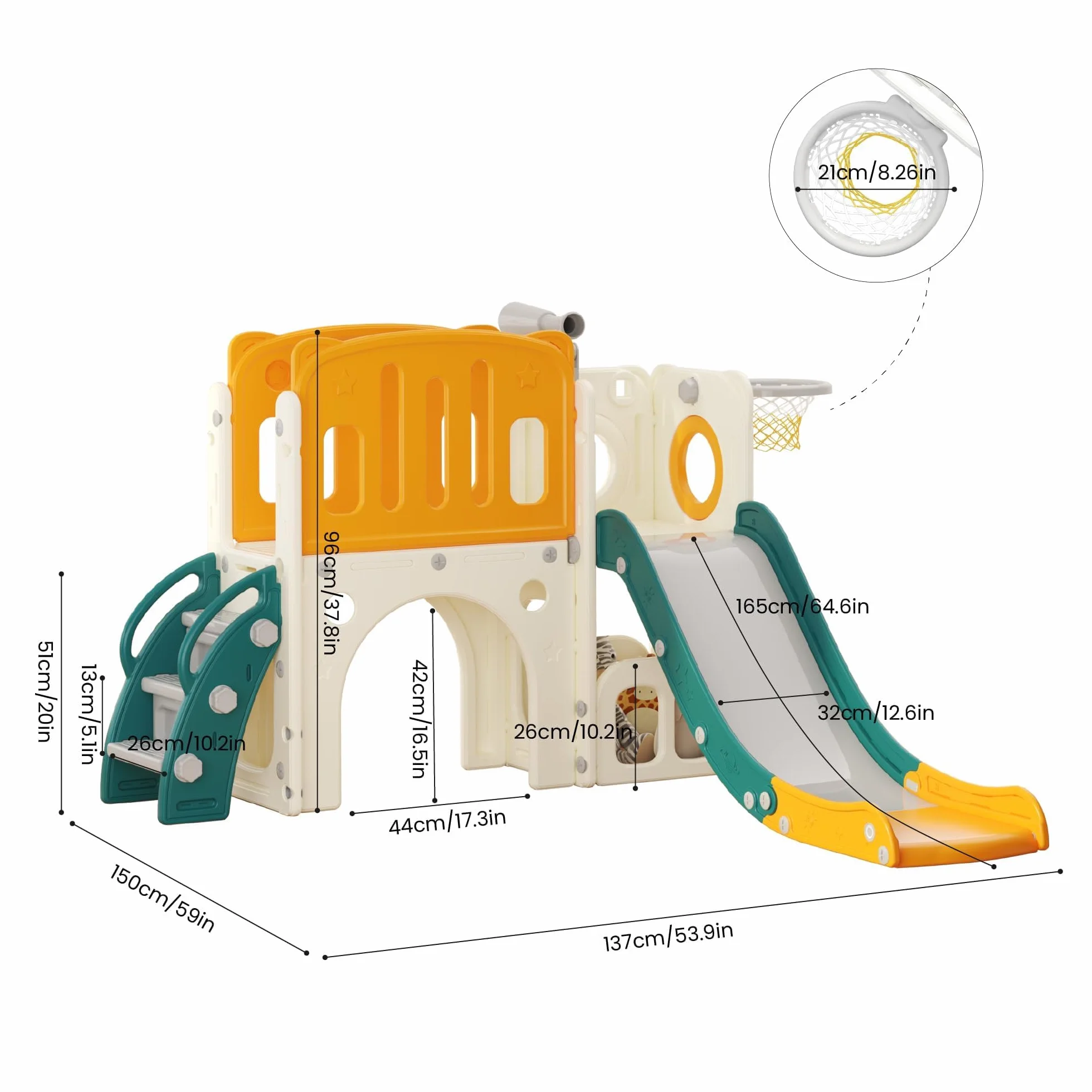 Scivolo per Bambini con Scala da Arrampicata, Canestro da Basket e Tunnel, Set di Scivolo in Plastica per Interni per Bambini, Giochi Montessori per Parco Giochi, Verde